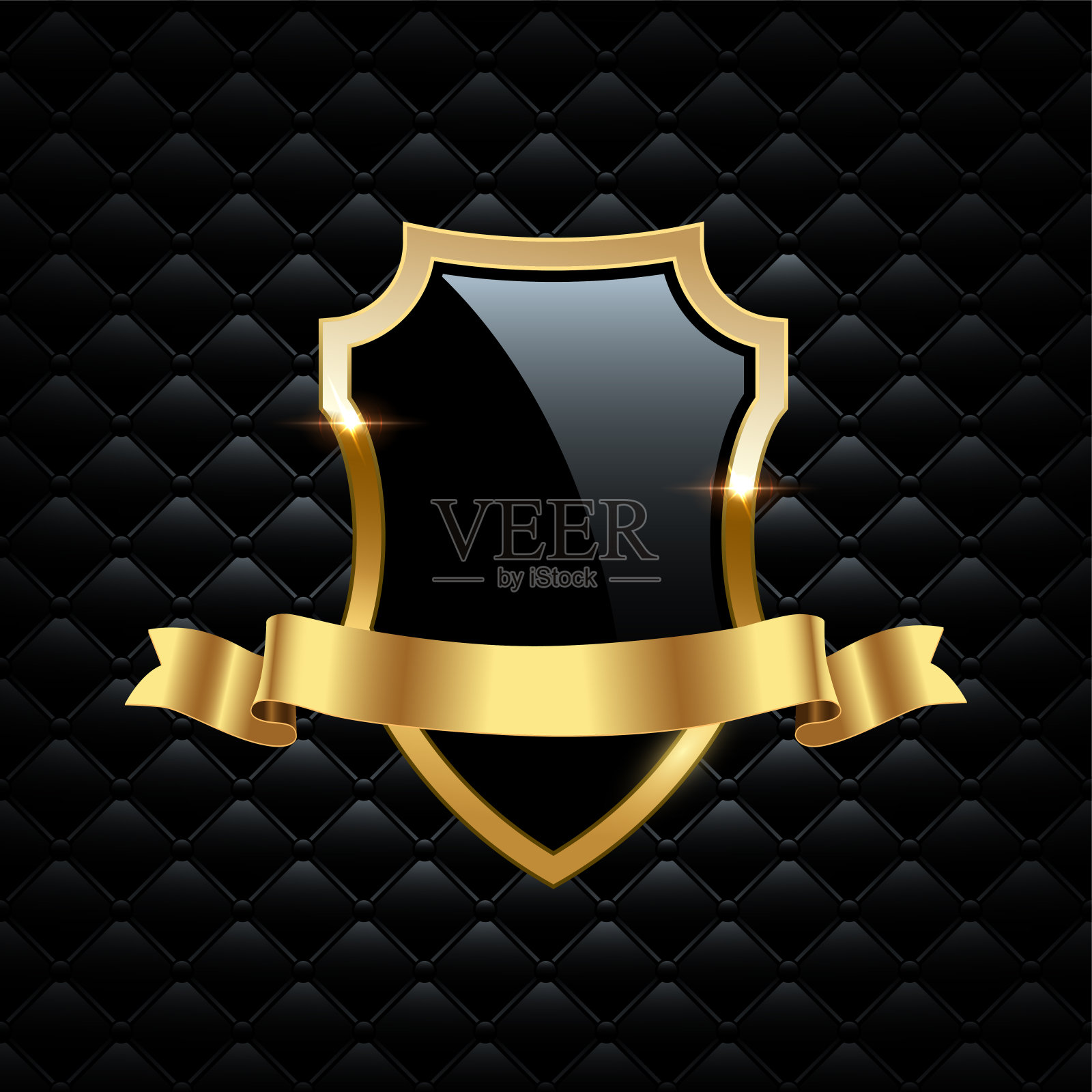 玻璃盾牌与金框架和丝带。金属纹章标志矢量插图。复古的豪华元素与闪亮的火花。纹章徽章，古董金色装饰黑色VIP背景插画图片素材