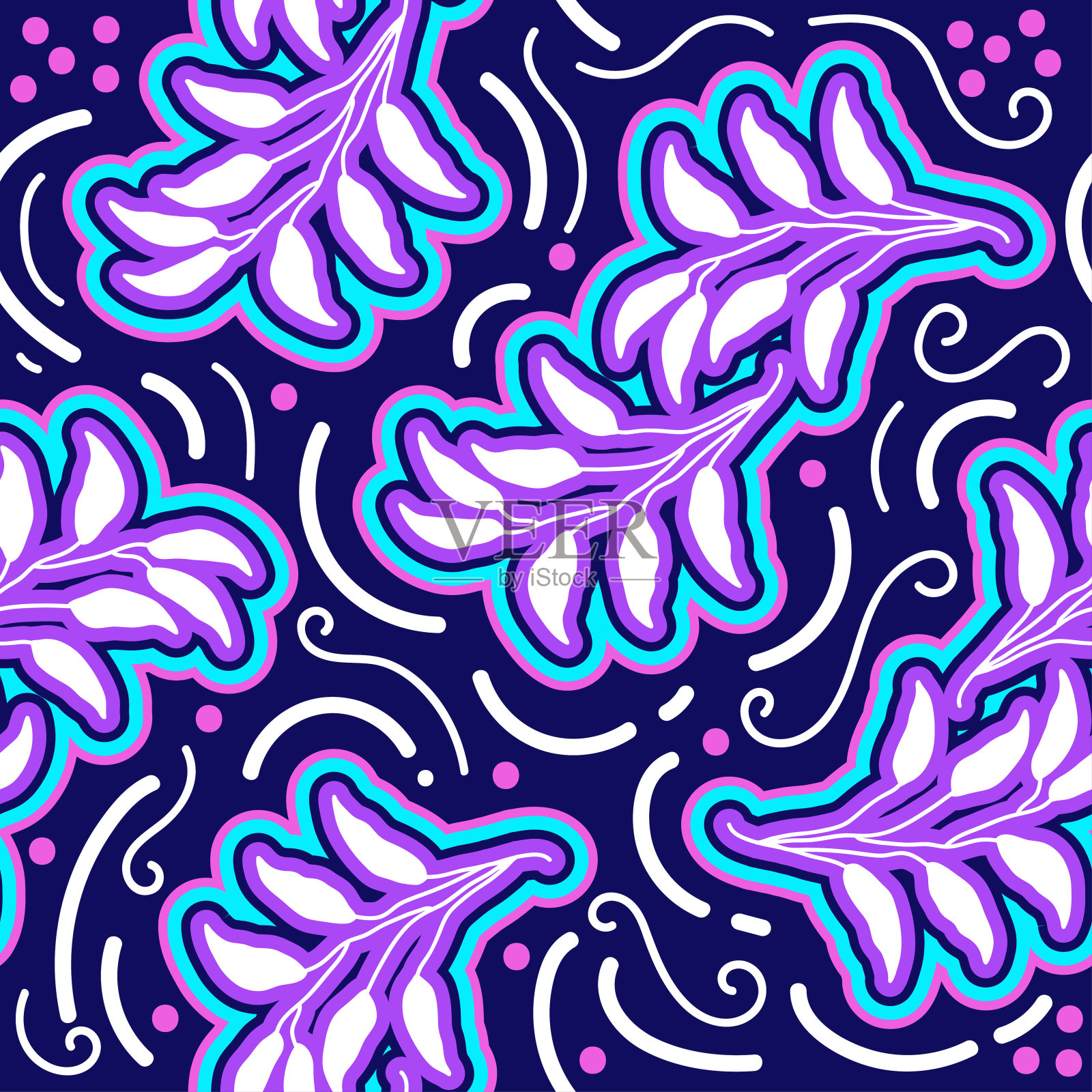 在复古90年代风格无缝花卉图案。可爱的植物当代图案。采购产品时尚和时髦的图形，壁纸，包装纸，背景，印刷，织物，纺织品和服装插画图片素材