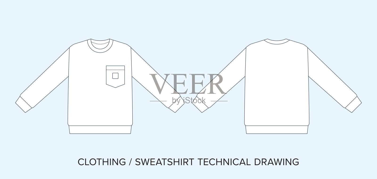 运动衫与口袋，技术图纸模板，时尚素描插图。可编辑的矢量，线条艺术。插画图片素材