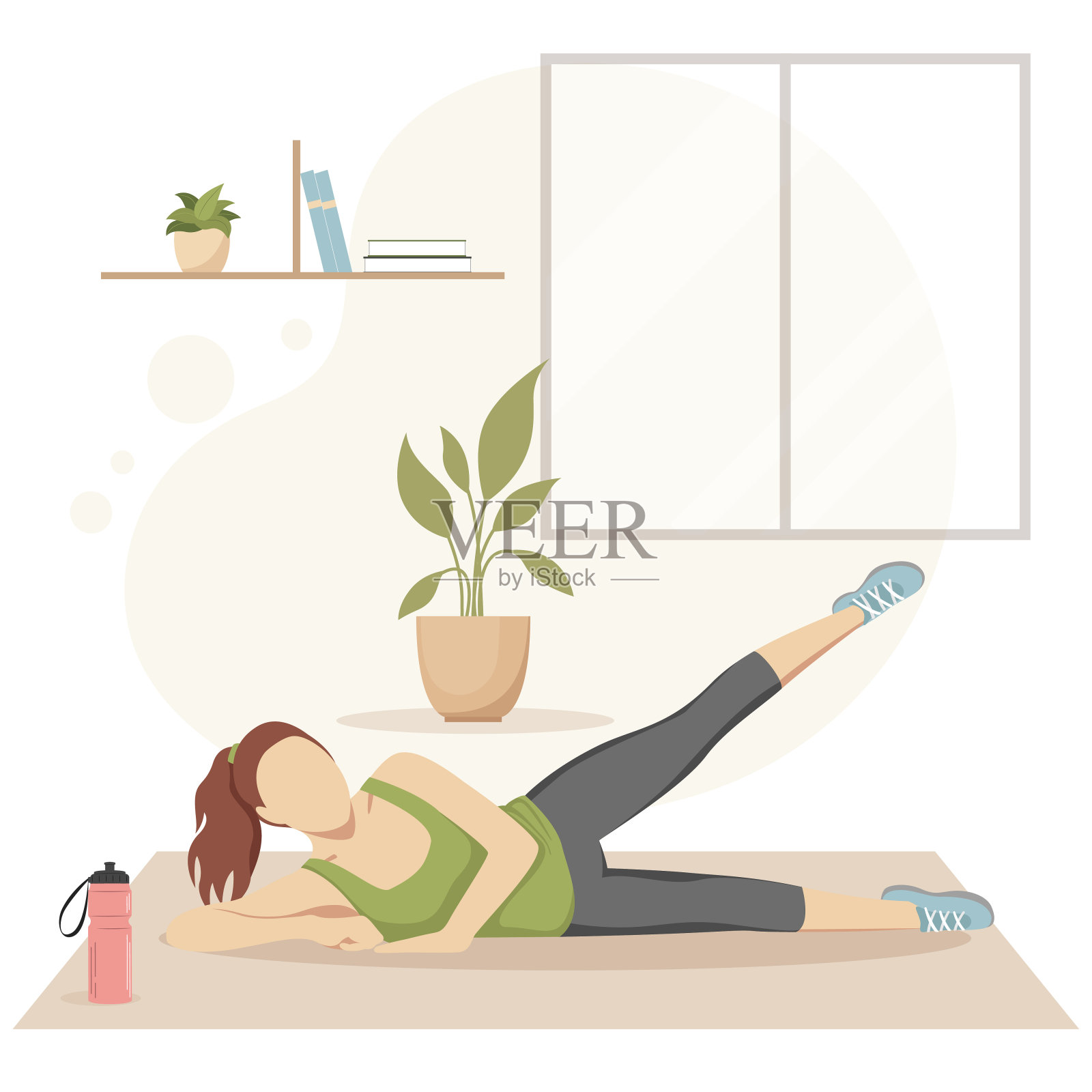 矢量插图的一个女孩在家里锻炼运动。插画图片素材