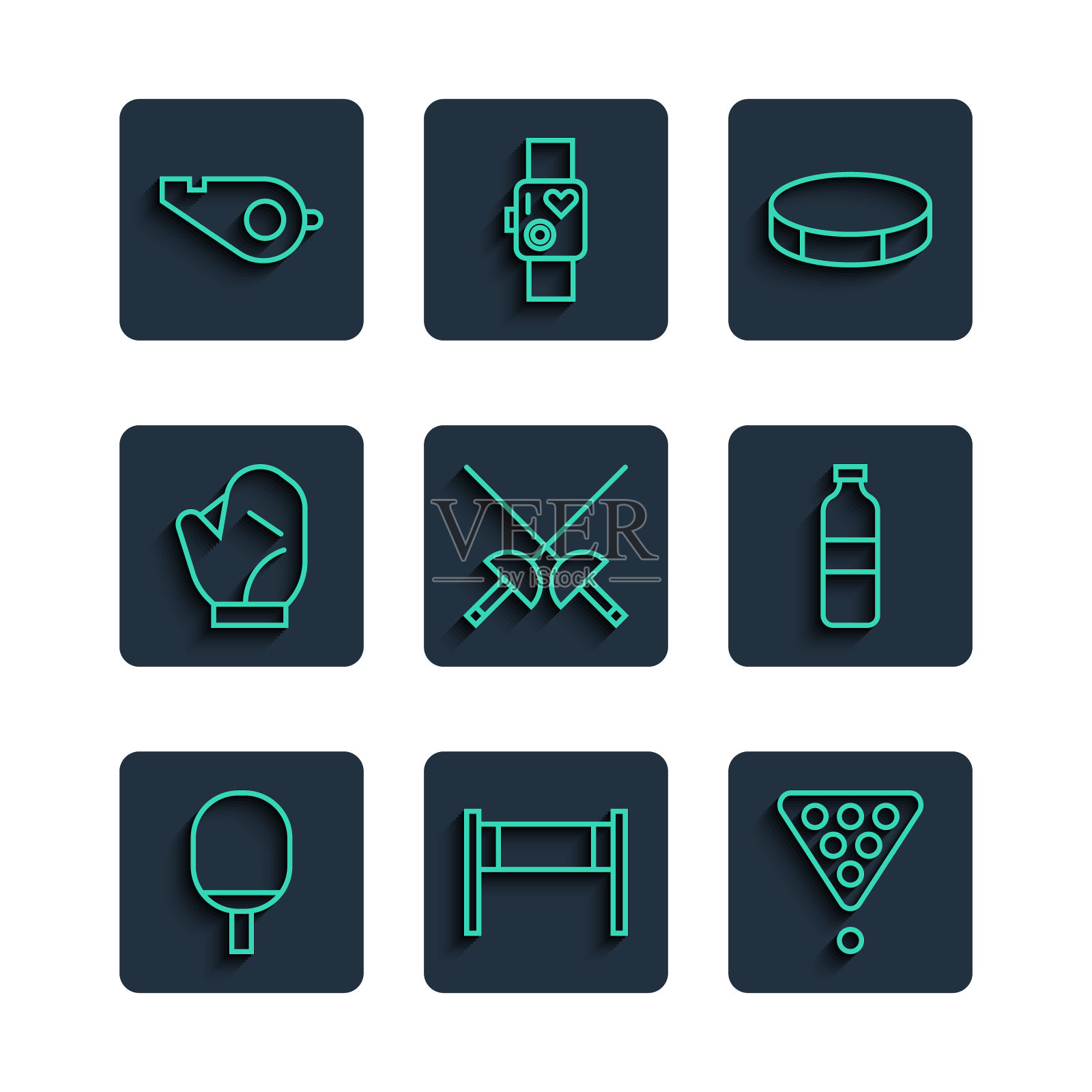 设置线球拍打乒乓球，排球网，台球架三角形，冰球，击剑，棒球手套，哨子和瓶装水的图标。向量图标素材