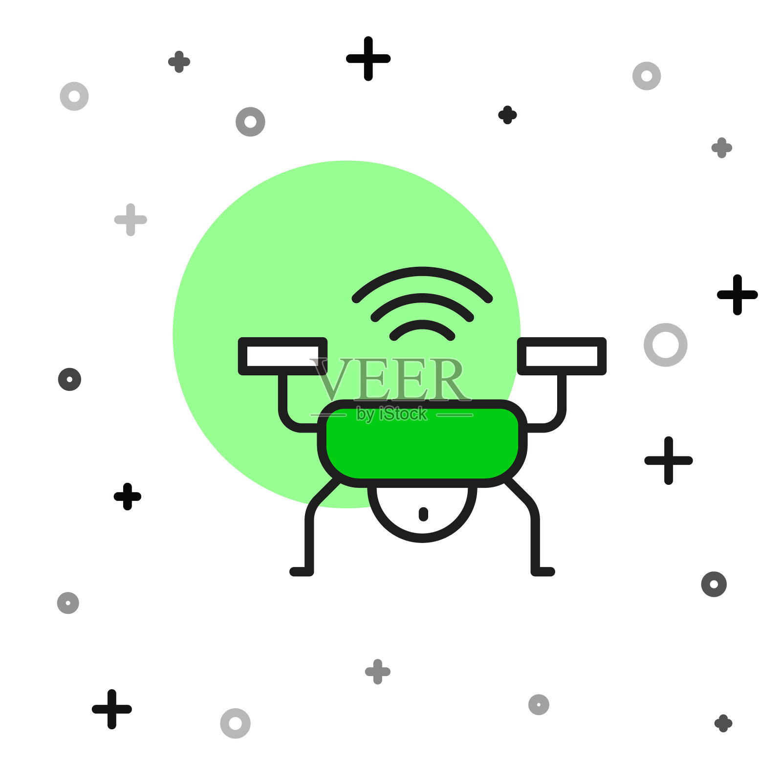 智能无人机系统图标孤立在白色背景上。带有视频和照相机符号的四轴飞行器。向量插画图片素材