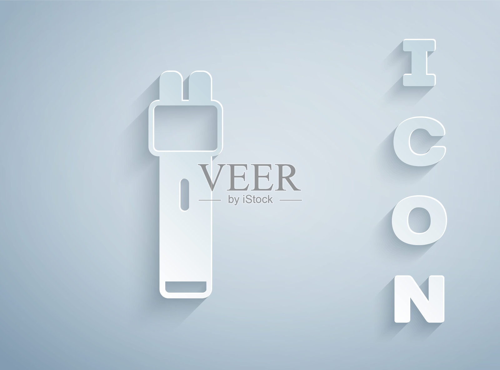 剪纸警察电击图标隔离在灰色背景。避震器保护。泰瑟枪是一种电动武器。纸艺风格。向量插画图片素材