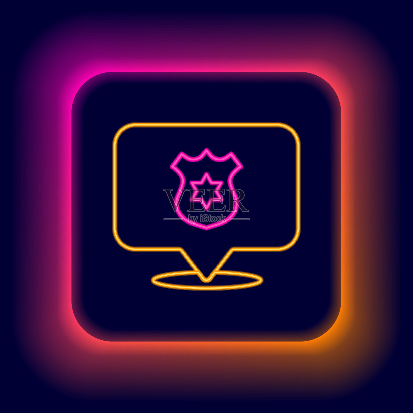 发光的霓虹灯线警察徽章图标孤立的黑色背景。警长徽章。色彩缤纷的轮廓概念。向量插画图片素材