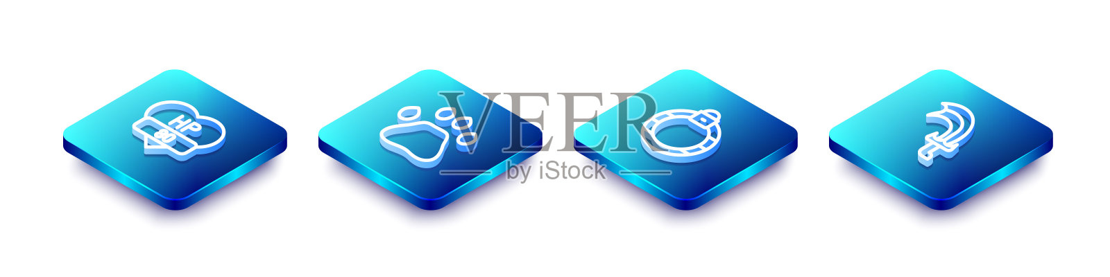 设置等距线视频游戏栏，熊掌足迹，魔法石戒指和剑的图标。向量插画图片素材