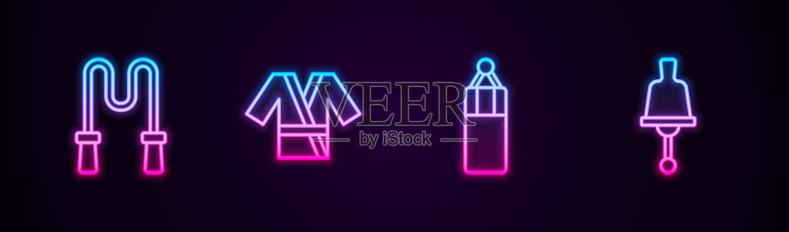 套线跳绳，日本服装和服，沙袋，摇铃。发光的霓虹灯图标。向量插画图片素材