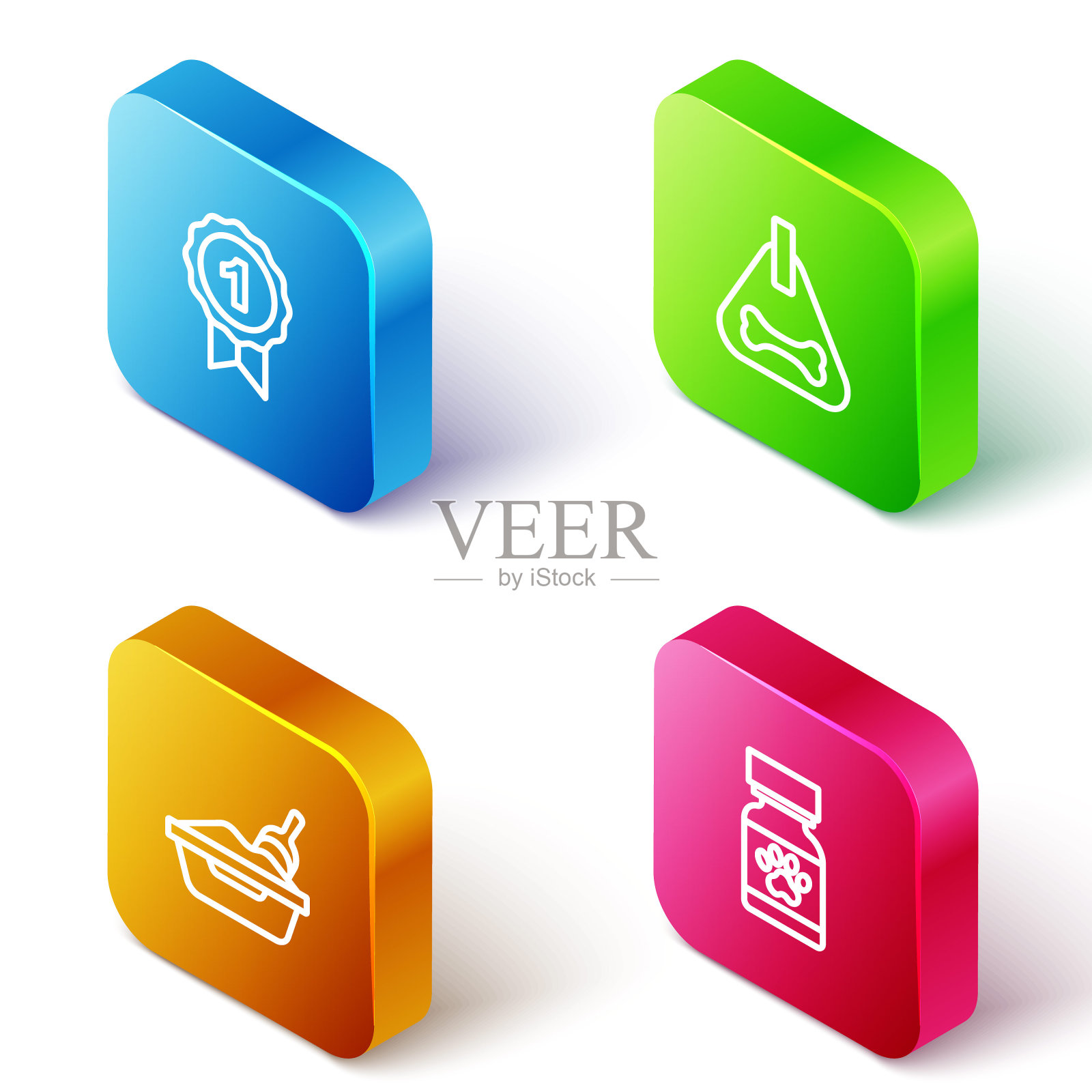 设置等距线狗奖标志，项圈，猫砂盘铲和药瓶和药丸图标。向量图标素材