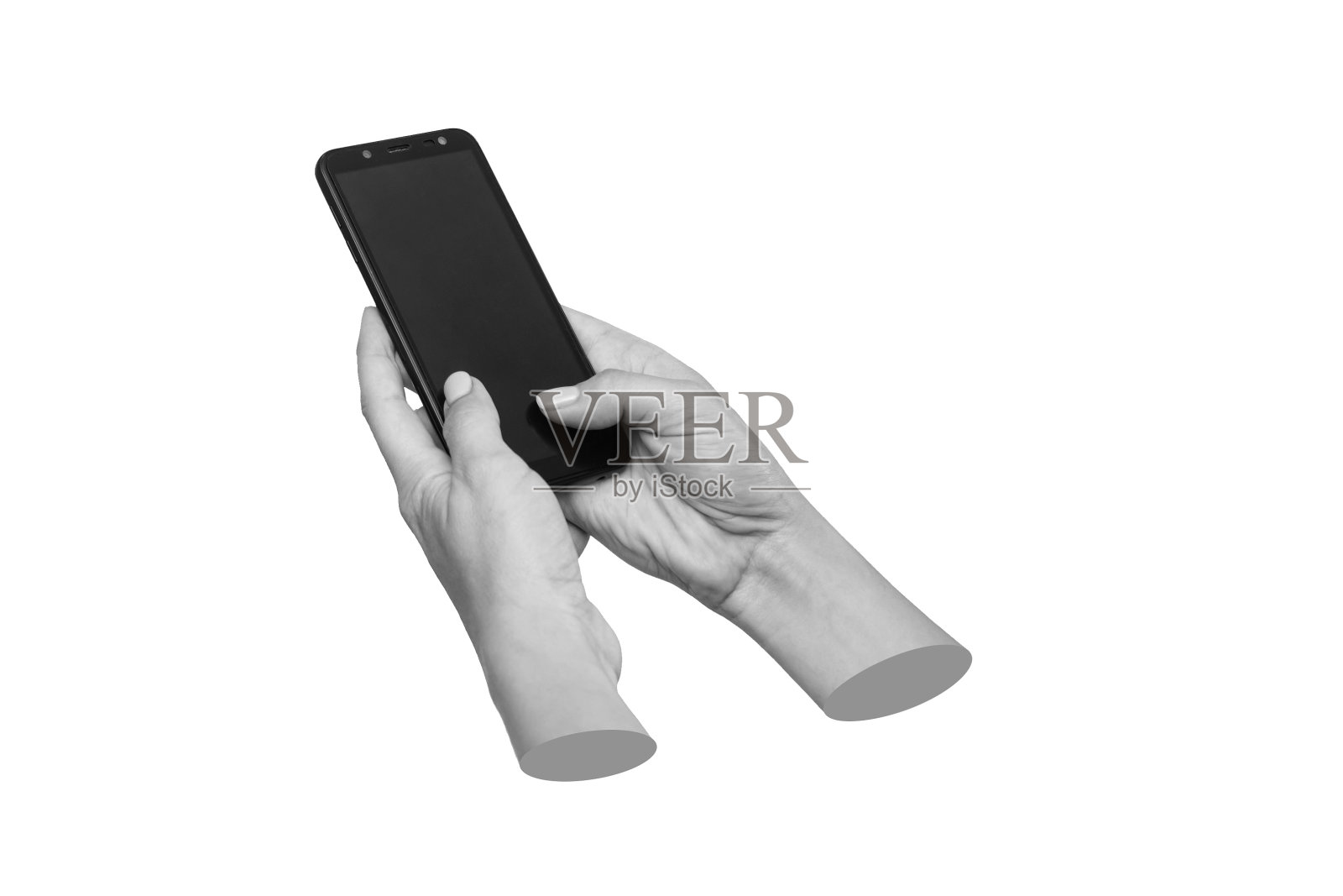 手机的黑屏和空白的复制空间在女性手中隔离在一个白色的背景照片摄影图片