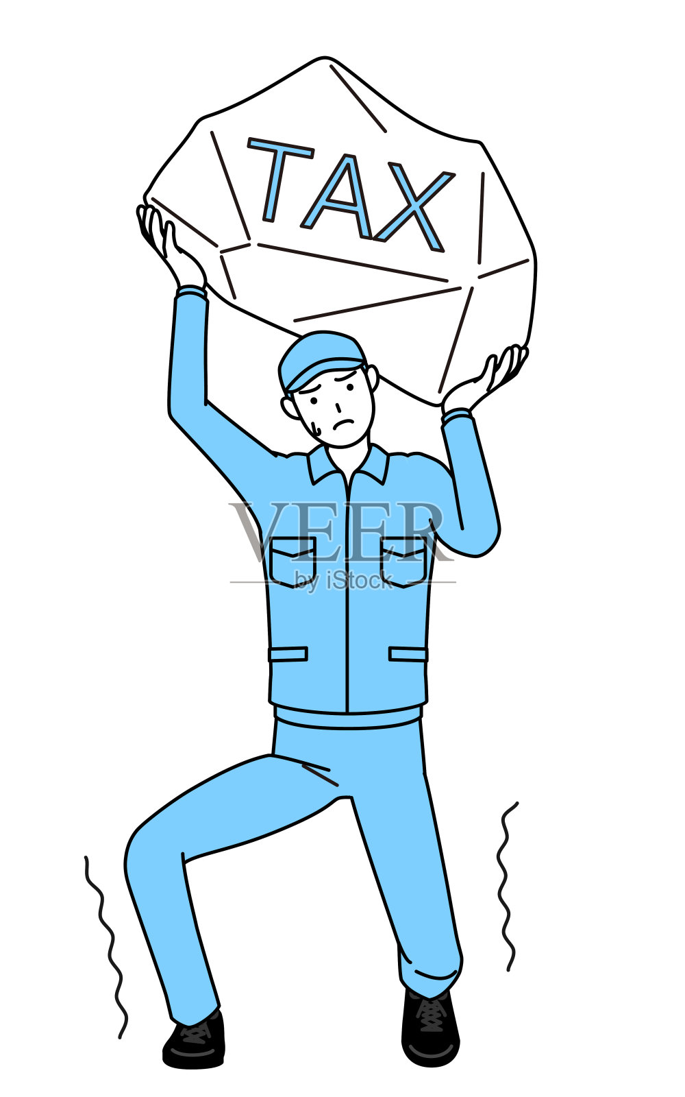 戴着帽子、穿着工作服的男子正遭受增税之苦插画图片素材