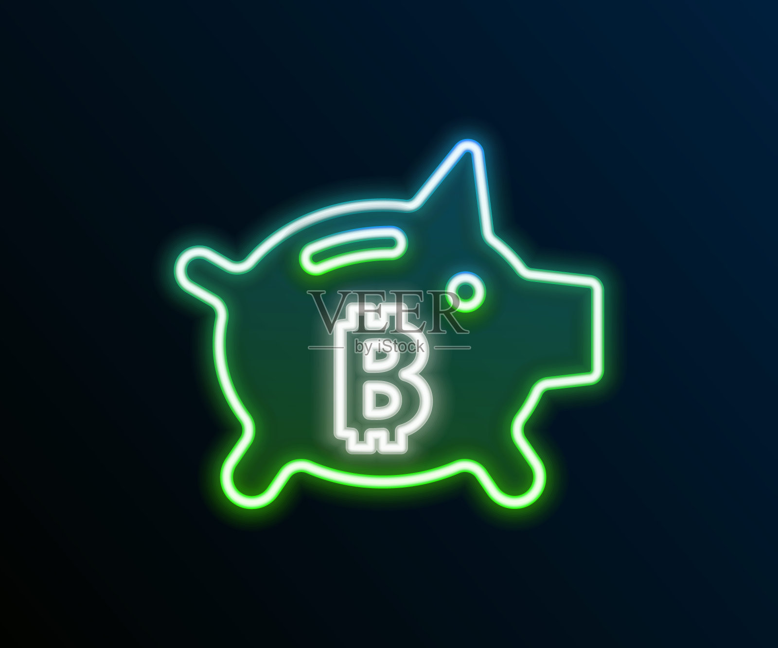 发光的霓虹线小猪储蓄罐比特币图标孤立的黑色背景。图标储蓄或积累金钱，投资。色彩缤纷的轮廓概念。向量插画图片素材