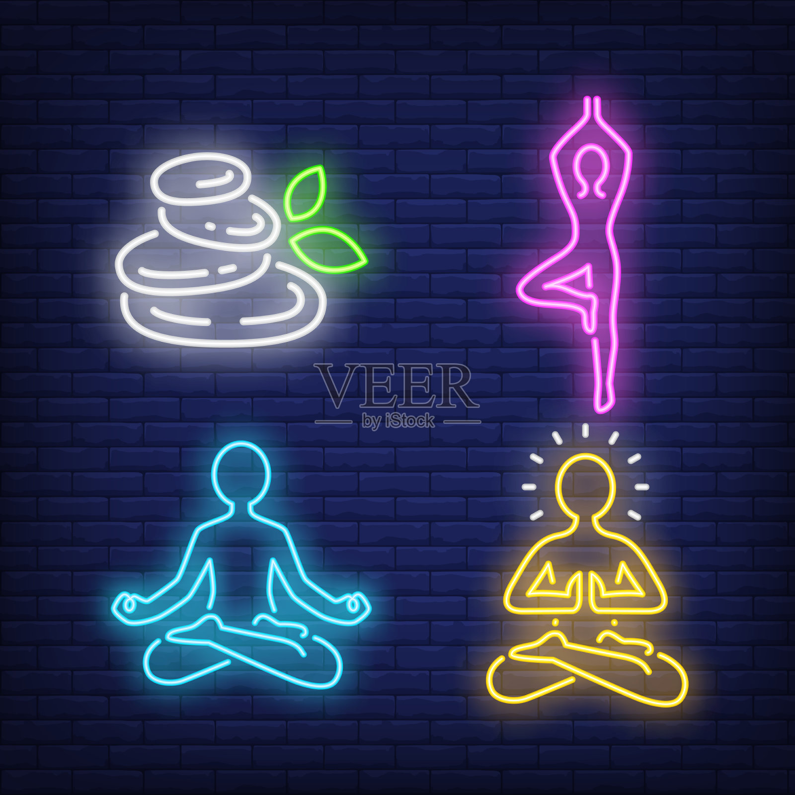 温泉石人冥想和做瑜伽霓虹灯设计模板素材