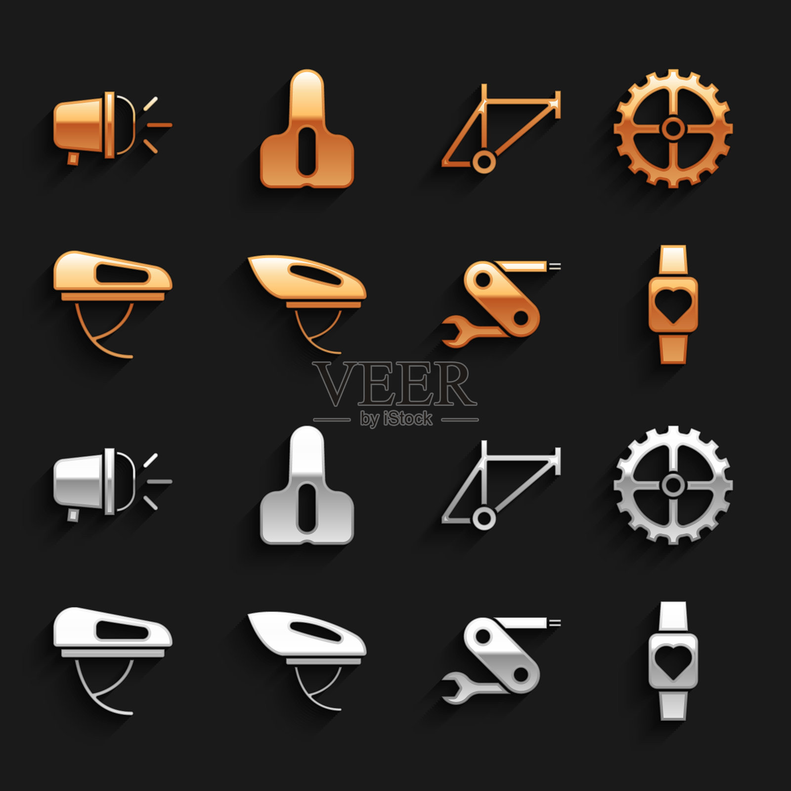 集自行车头盔，链轮曲柄，智能手表，瑞士军刀，框架，头灯和座位图标。向量图标素材