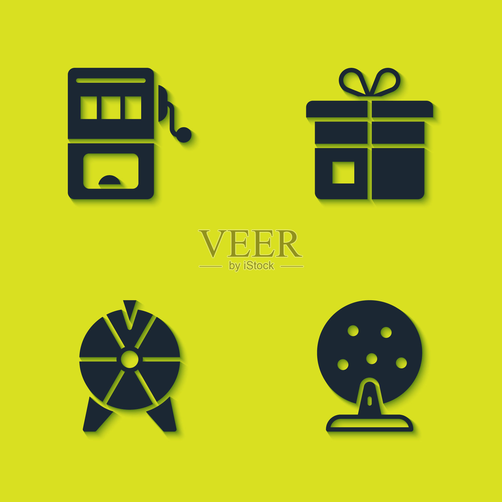 设置老虎机，彩票，幸运轮和礼盒图标。向量图标素材