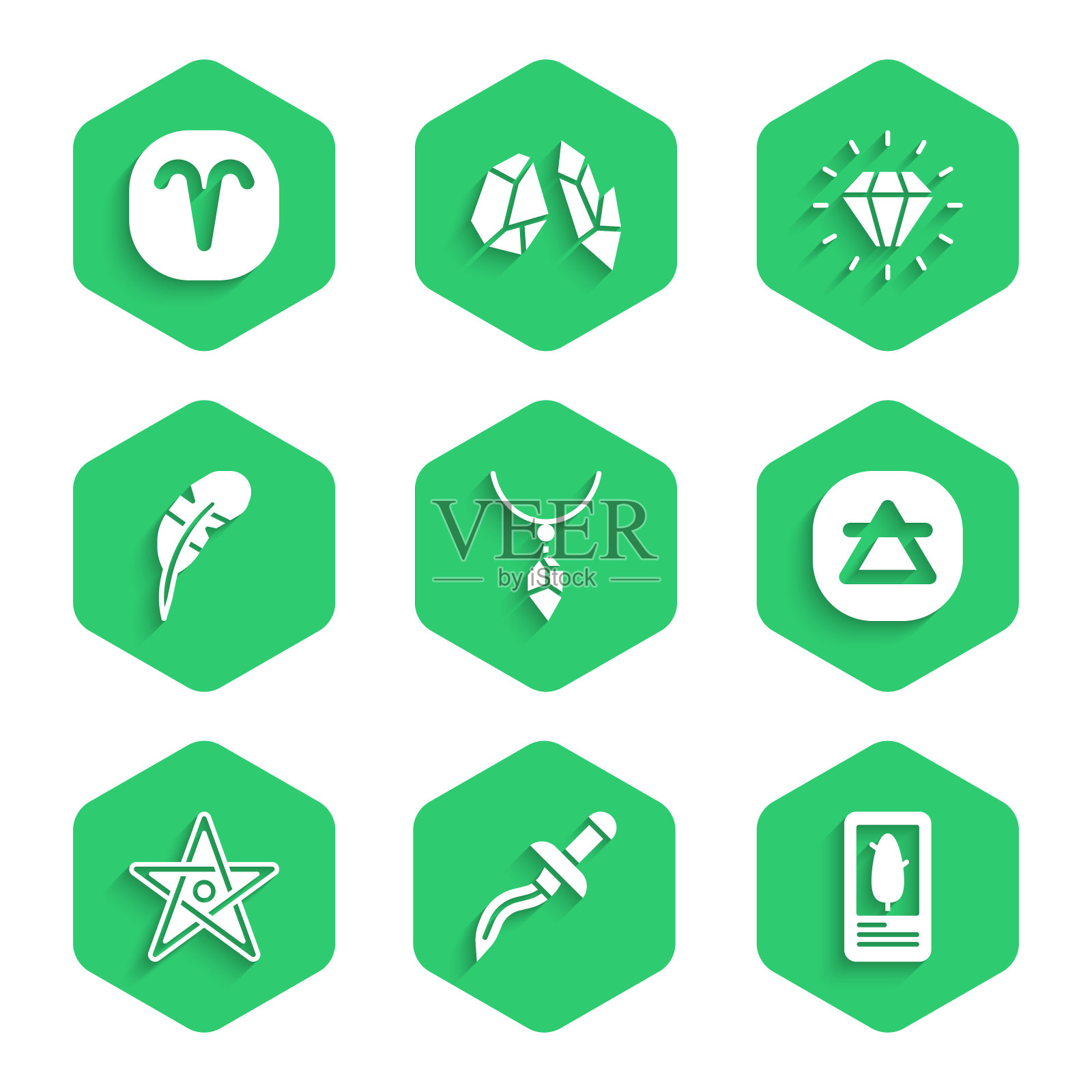 集项链与水晶，匕首，塔罗牌，空气元素，五角星，羽毛笔，钻石和白羊座生肖图标。向量图标素材