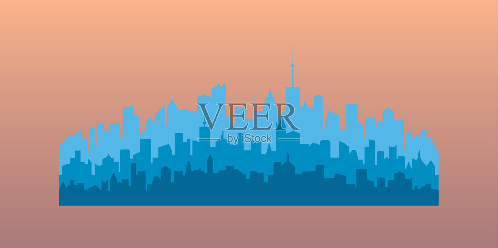 建筑物的蓝色剪影。装饰水平等高线城镇景观插画图片素材