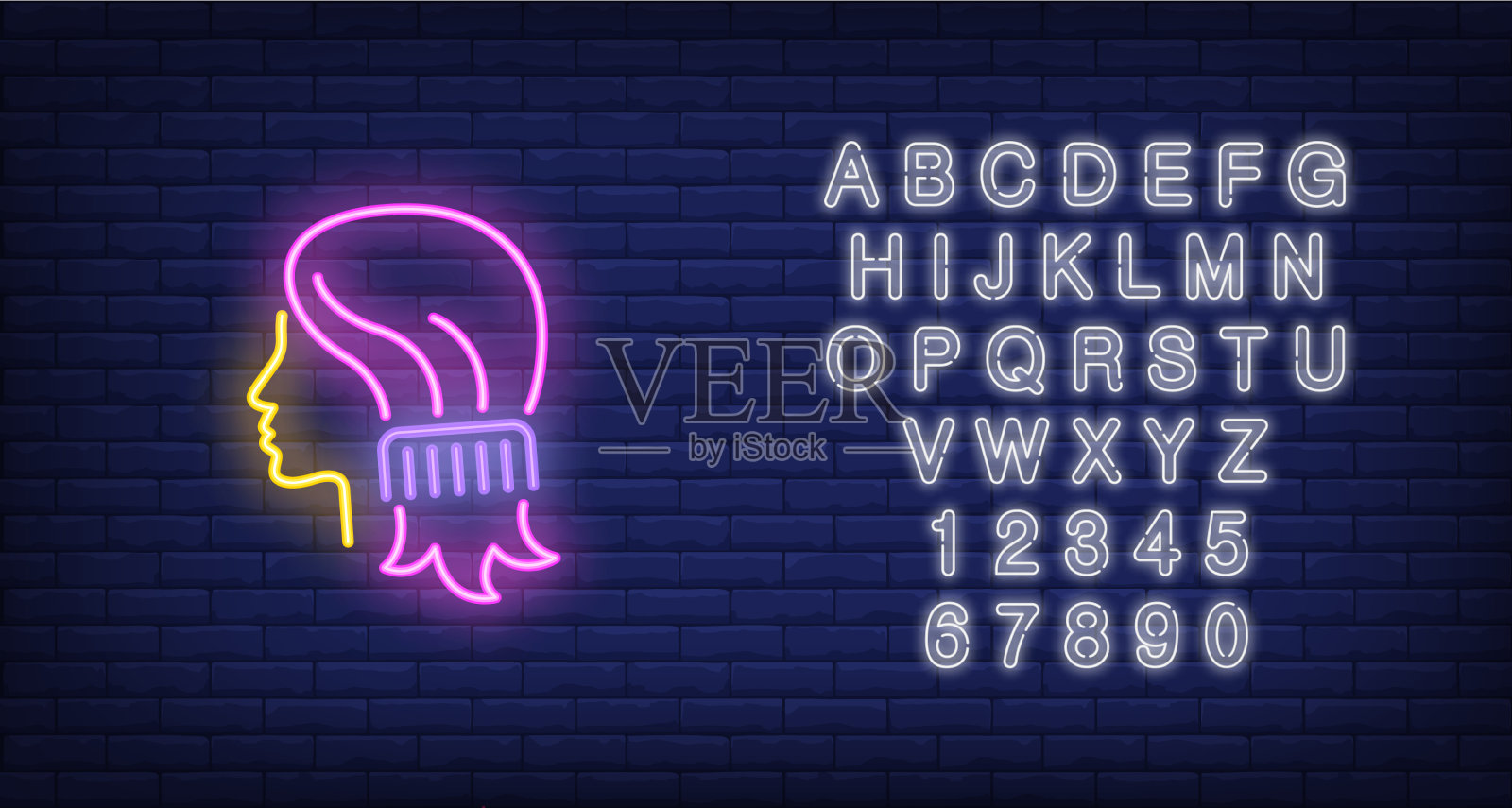 梳理女人头发的霓虹灯招牌插画图片素材