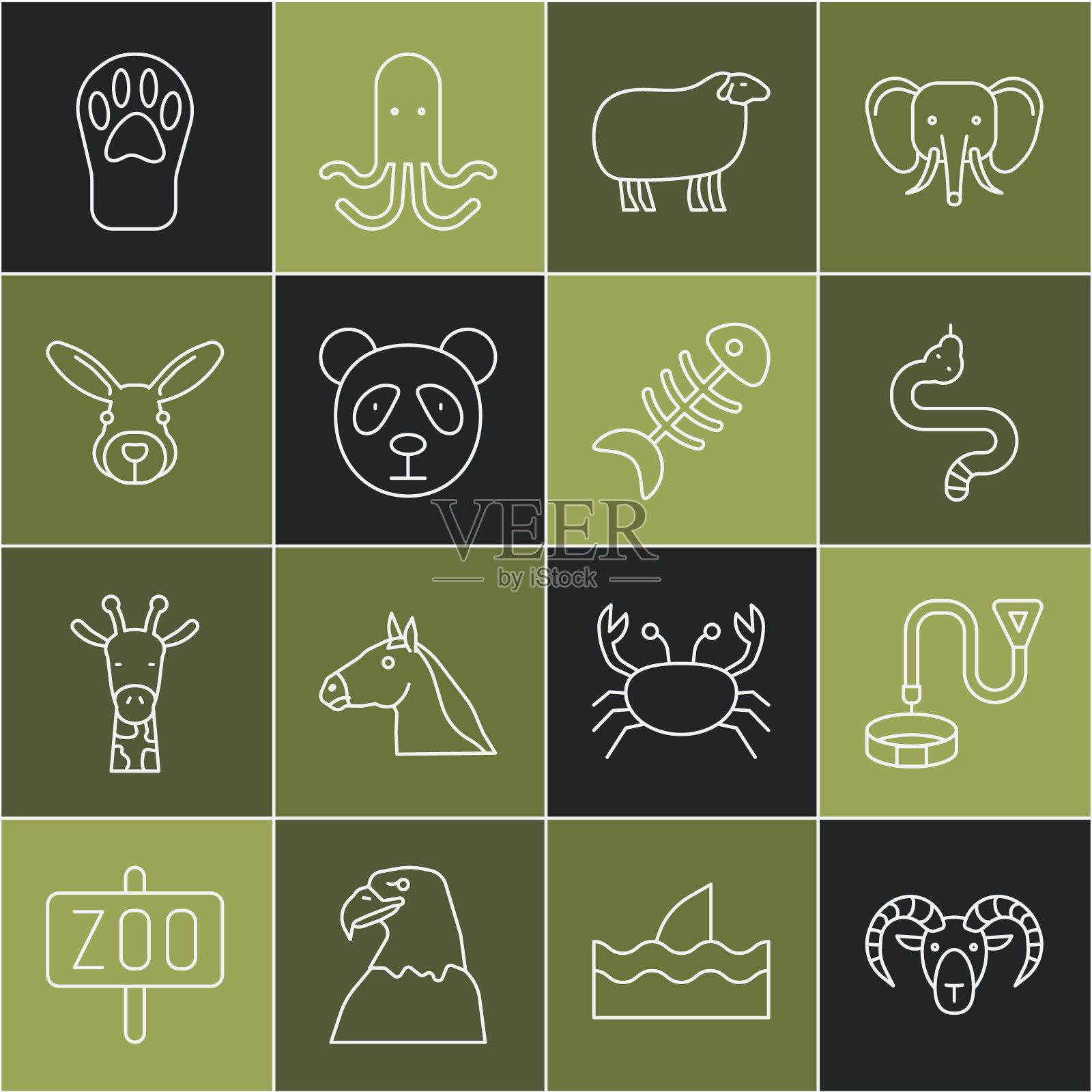 设线山羊或公羊的头，项圈与名牌，蛇，羊，可爱的熊猫脸，兔头，爪印和鱼骨架图标。向量插画图片素材