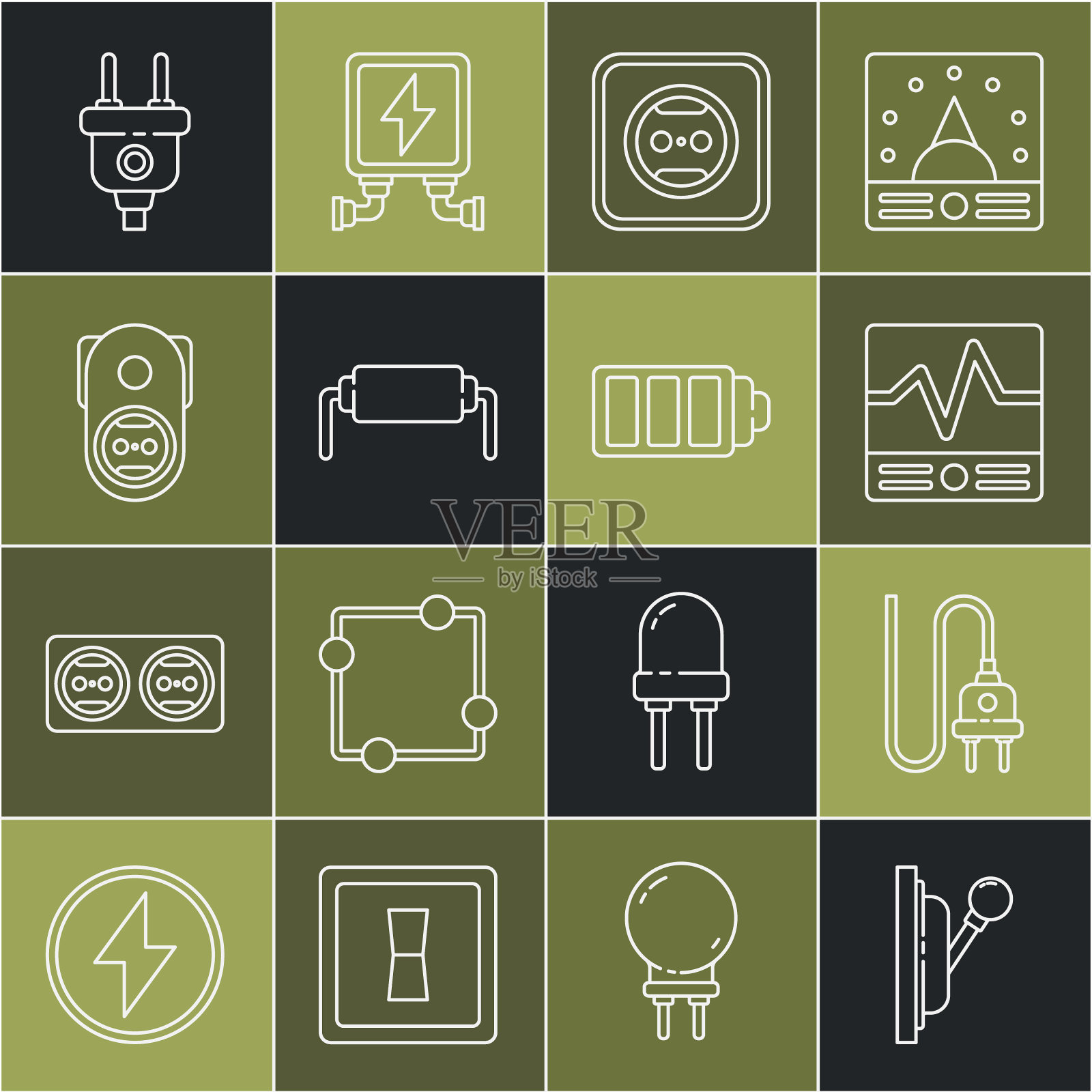 设置线路电气面板，插头，测量仪器，插座，电阻电，和电池充电水平指示图标。向量图标素材