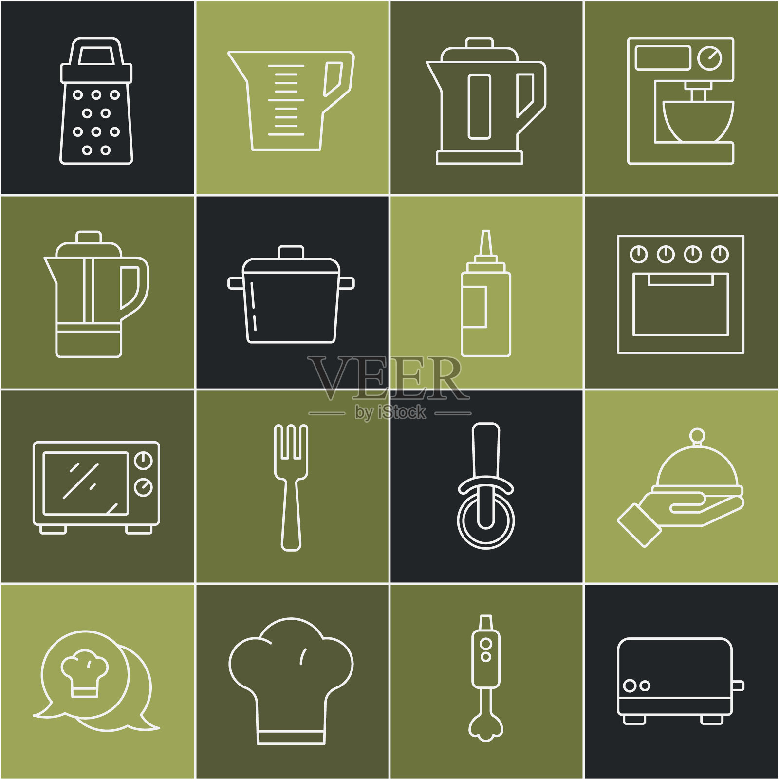 设置线烤面包机，覆盖托盘，烤箱，电水壶，烹饪锅，茶壶，磨碎器和酱瓶图标。向量图标素材