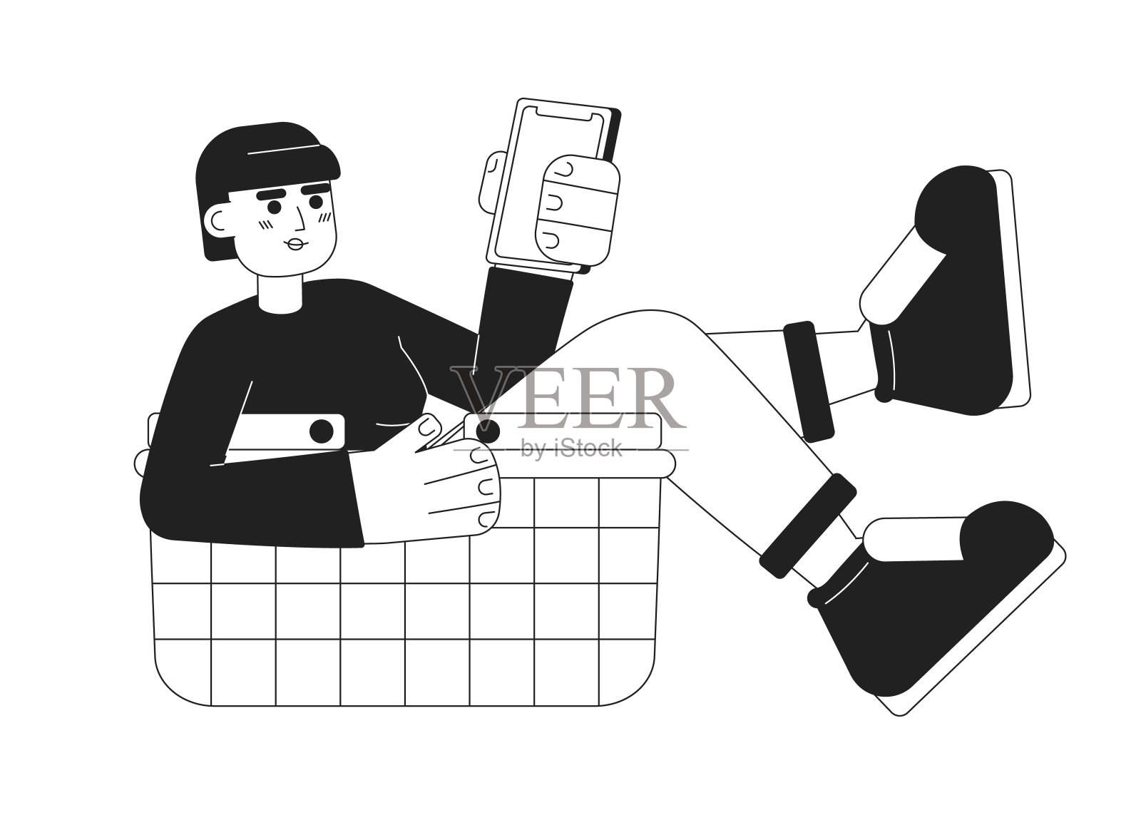 在线顾客在购物篮中挑选商品的单色平面矢量特征插画图片素材