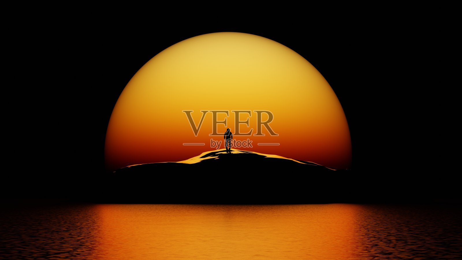 孤独的宇航员在荒凉的星球上看日落。对比火星景观。宇航员在地平线上的大黄红橙太阳的背景。三维渲染照片摄影图片