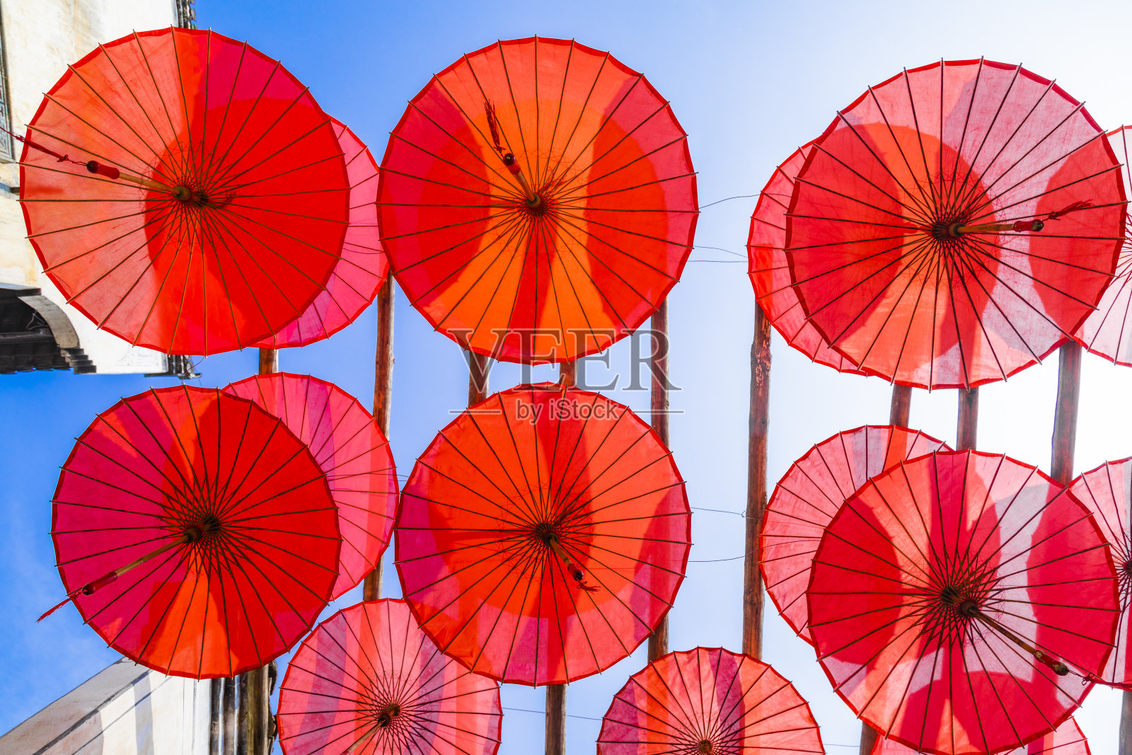 一排红色的雨伞照片摄影图片