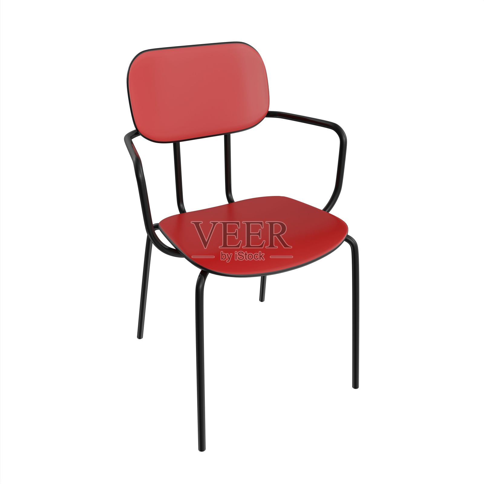 当代金属红色椅子的3D渲染，白色背景上的黑色框架照片摄影图片