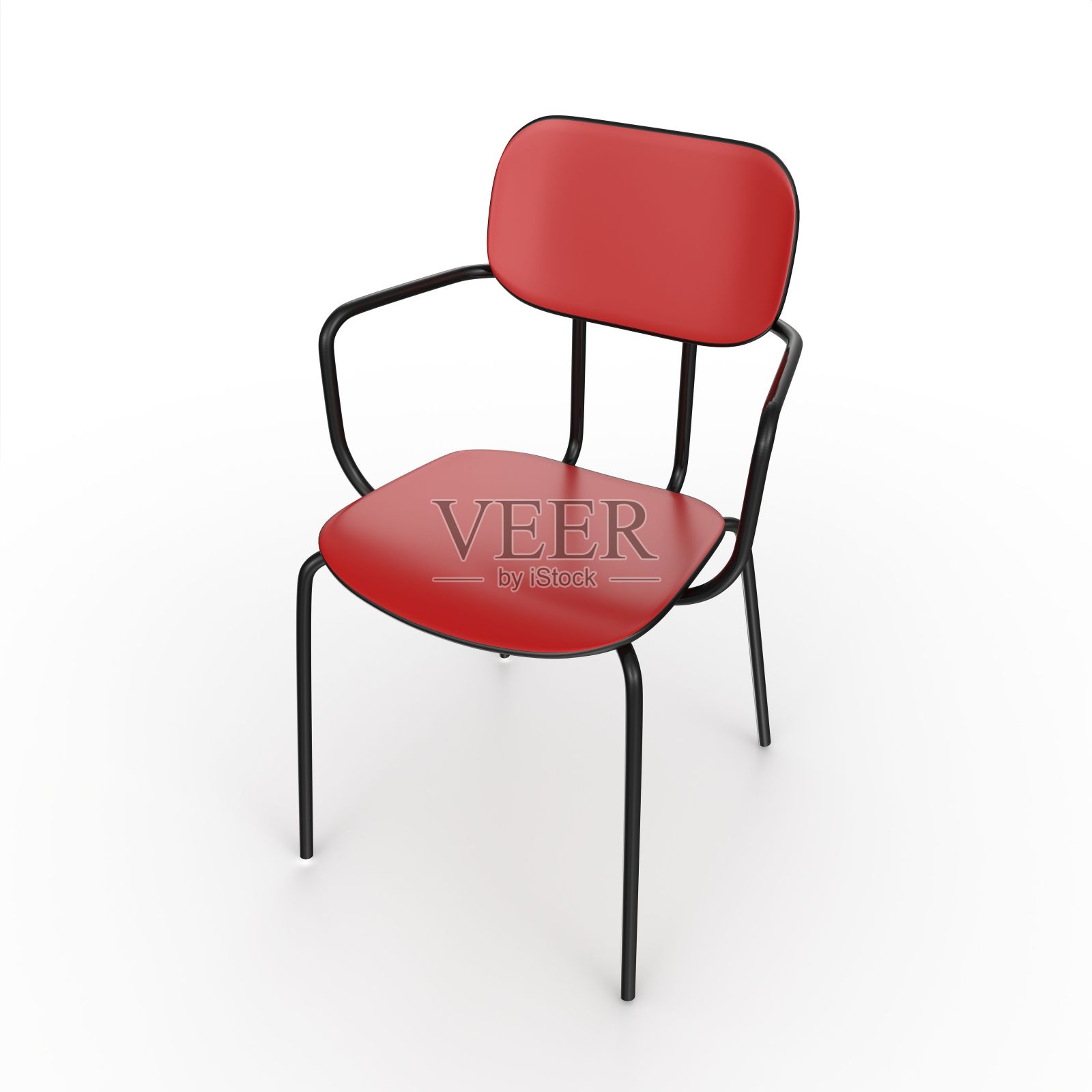 当代金属红色椅子的3D渲染，白色背景上的黑色框架照片摄影图片