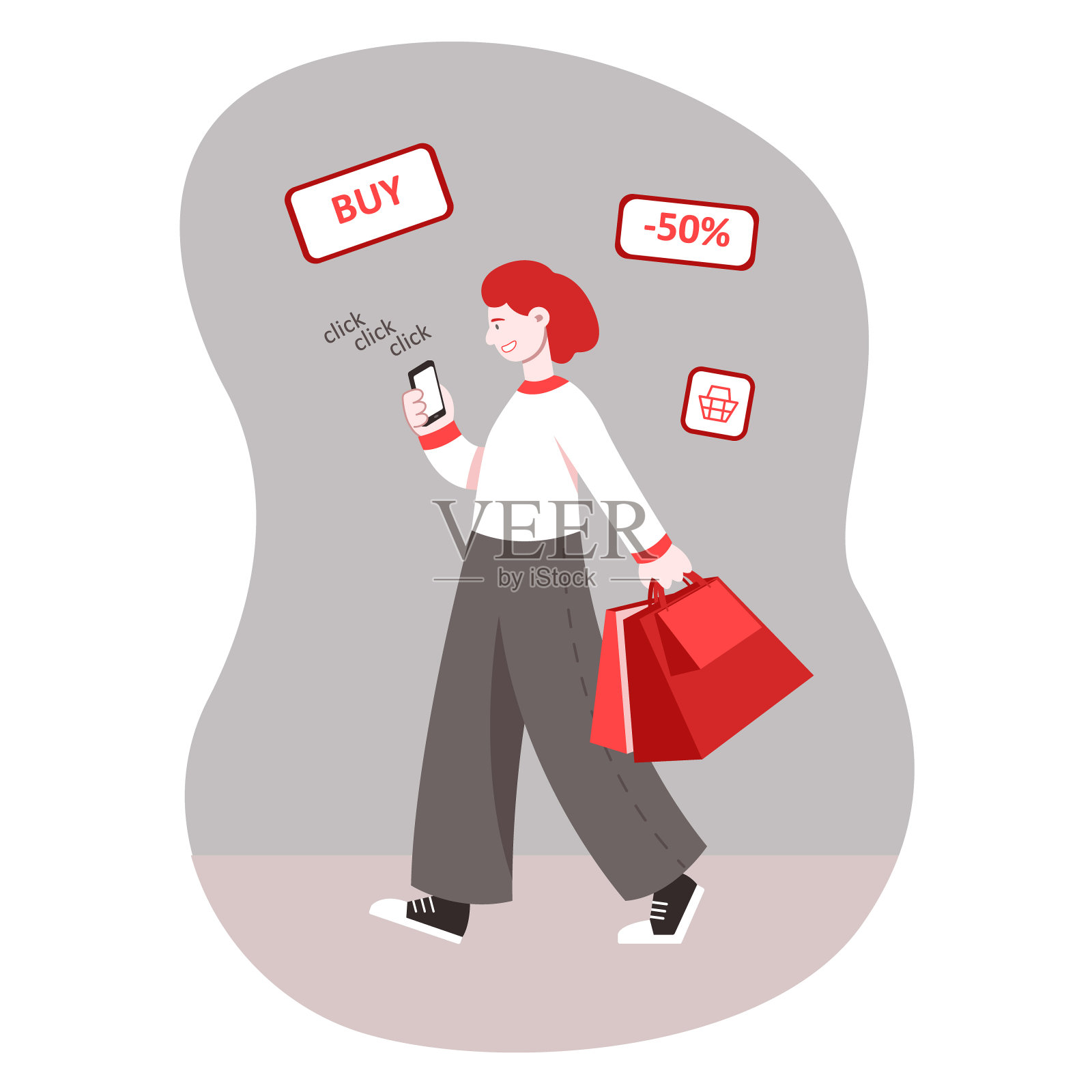 女士提着包，拿着手机，用智能手机付款插画图片素材