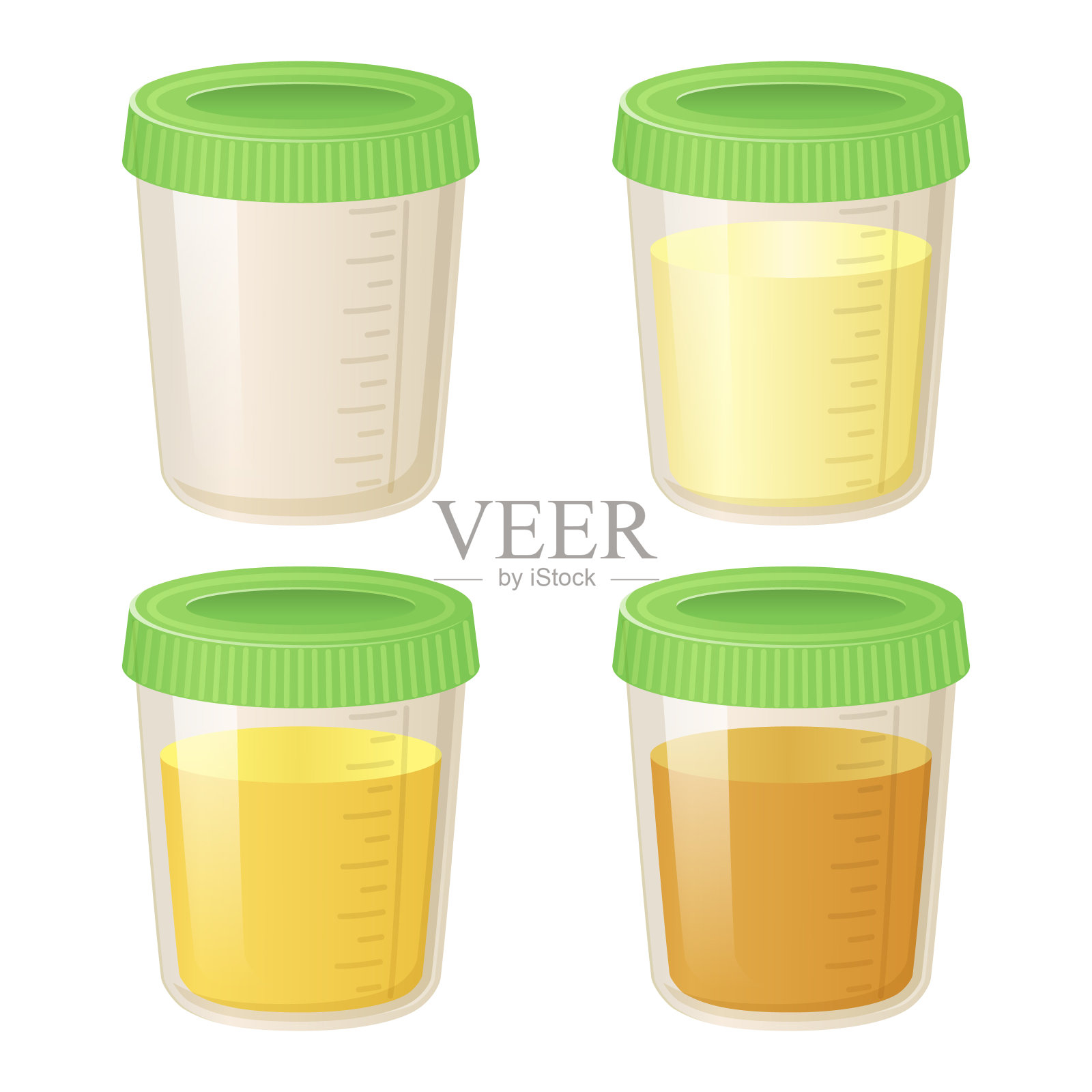 在塑料容器里小便。收集尿液分析小瓶在各种颜色从明确到黄色-平面卡通风格矢量插图插画图片素材