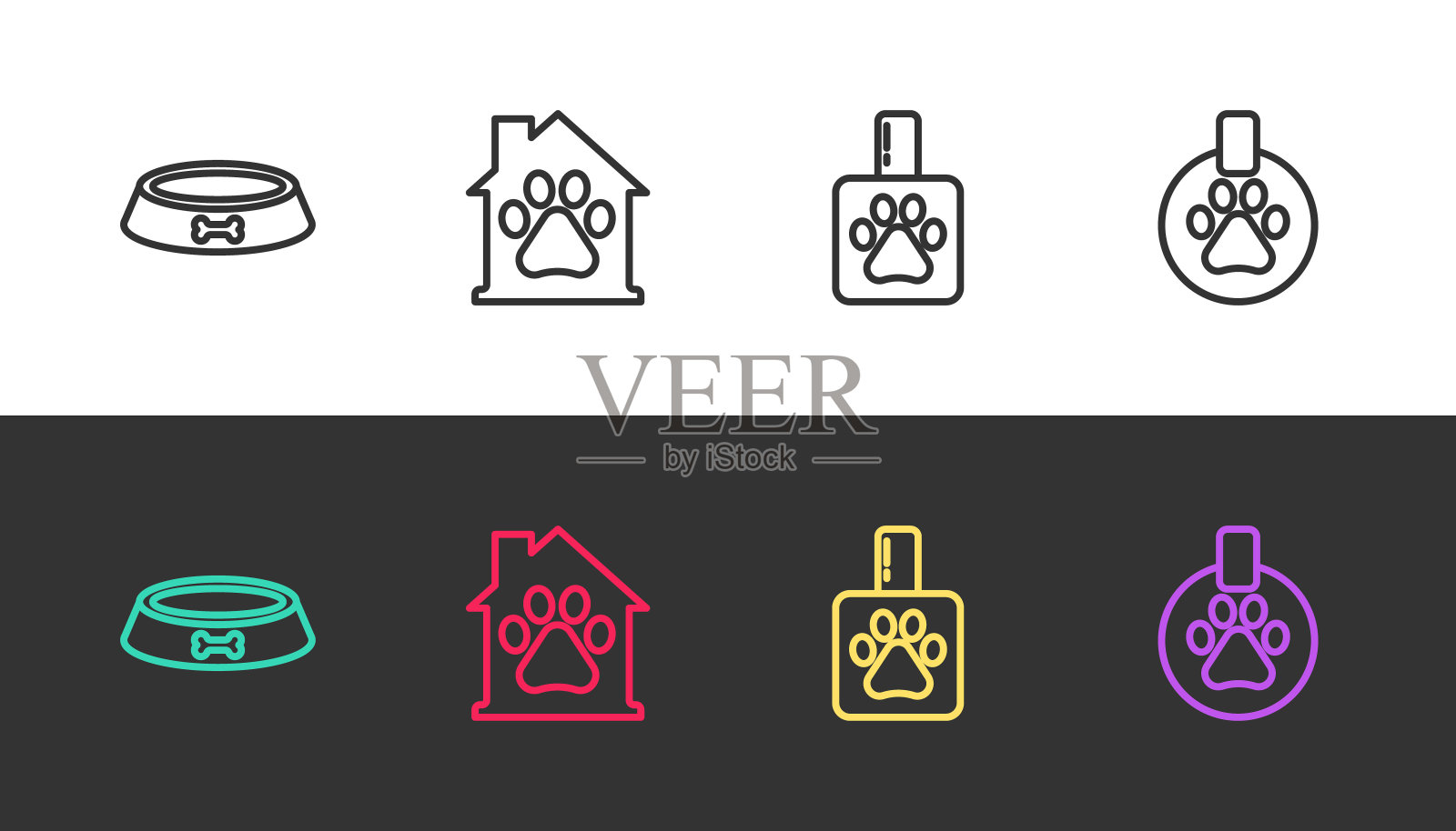 设置线宠物食品碗，房子，洗发水和衣领与黑白名牌。向量插画图片素材