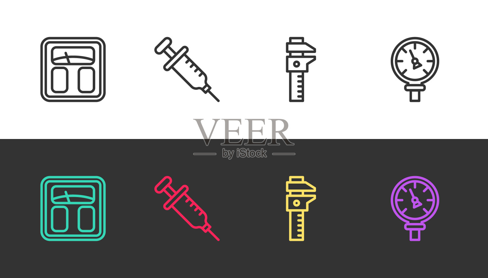 设置线浴室秤，注射器，卡尺或卡尺和压力水表在黑色和白色。向量插画图片素材