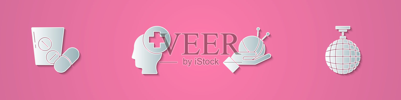 集剪纸药丸或片剂，男头与医院，纱球针织针和迪斯科图标。纸艺风格。向量插画图片素材