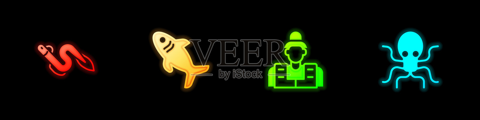 设置鳗鱼鱼，鲨鱼，渔民和章鱼图标。向量图标素材