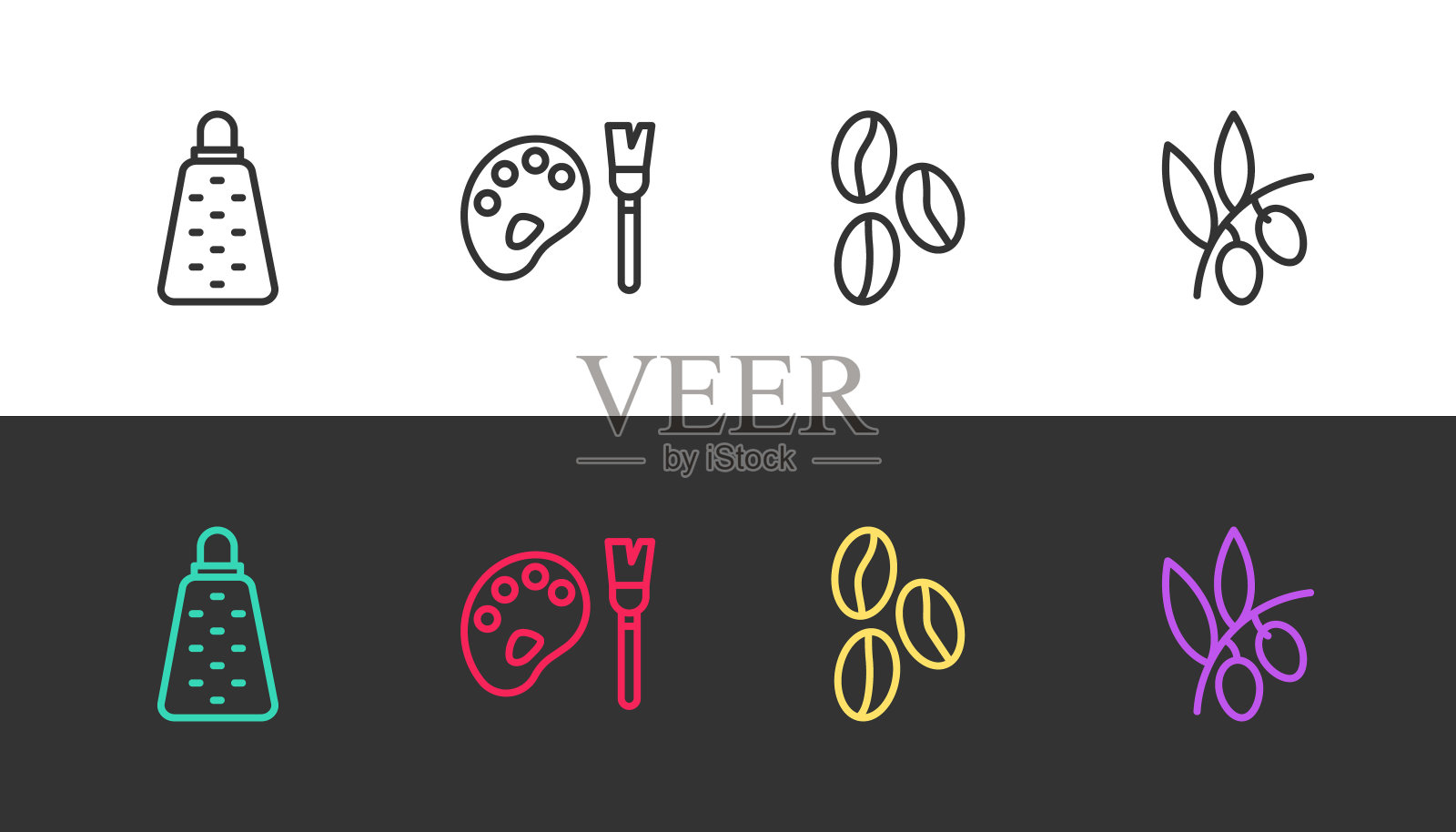 设置线磨碎器，油漆刷与调色板，咖啡豆和橄榄枝黑色和白色。向量插画图片素材