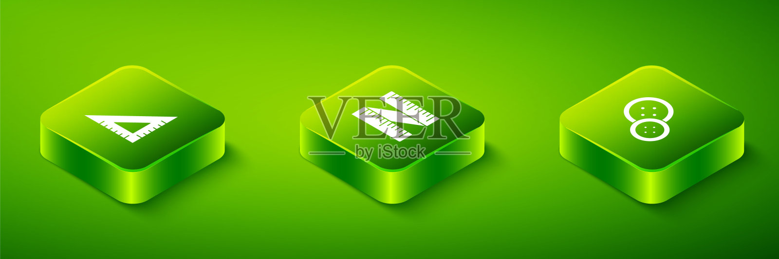 设置等距卷尺，缝纫按钮和三角形标尺图标。向量图标素材