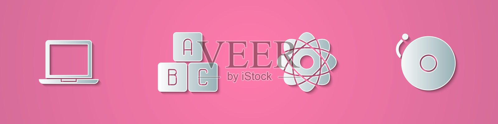 集剪纸笔记本电脑，ABC块，原子和响闹钟图标。纸艺风格。向量插画图片素材