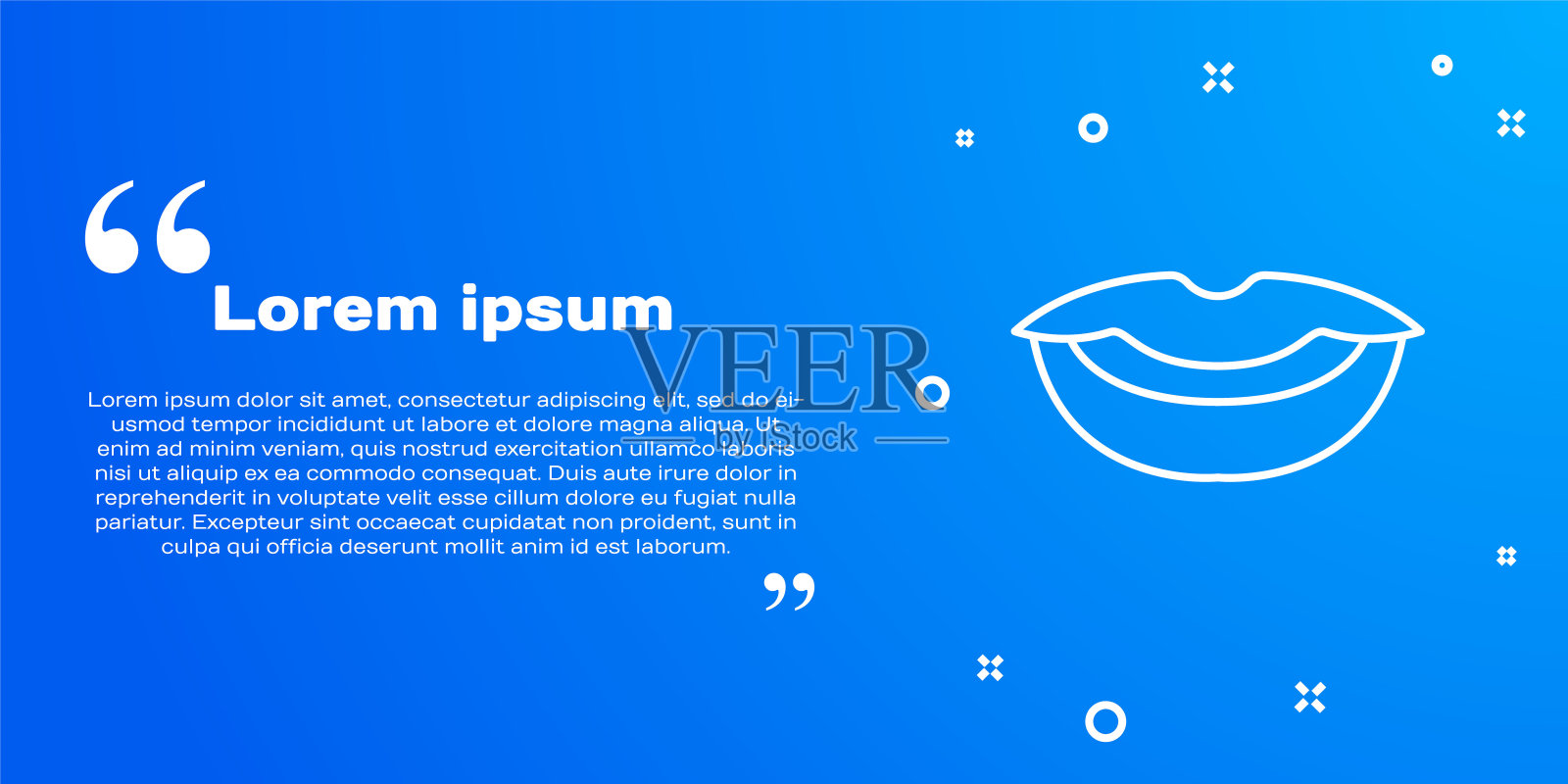 白色的线微笑的嘴唇图标隔离在蓝色的背景。微笑的象征。向量插画图片素材