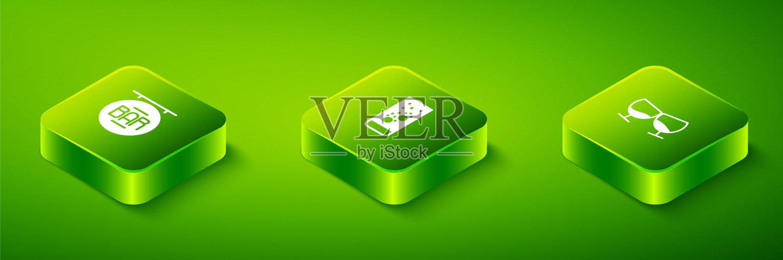 将等距泡腾片放入水中，白兰地或白兰地酒杯和带有酒吧图标的街道指示牌中。向量图标素材