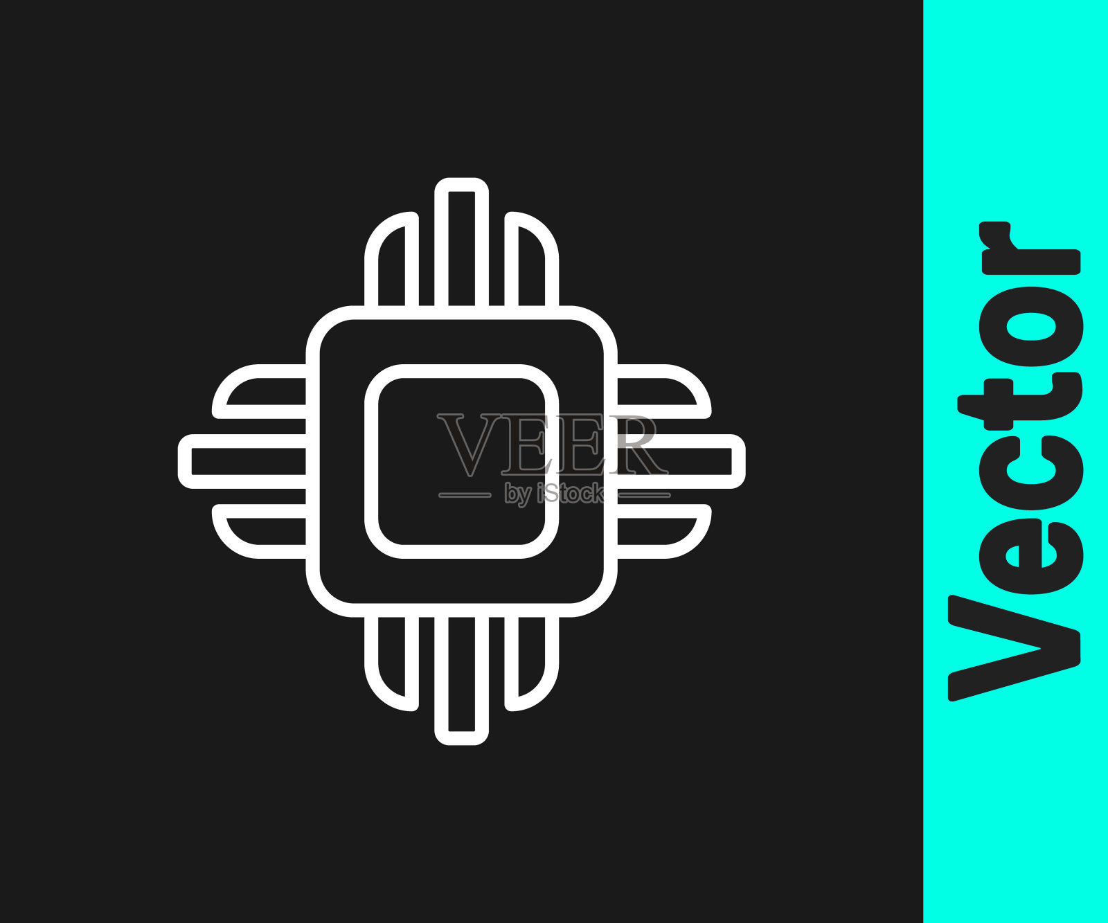 白线计算机处理器与微电路的CPU图标隔离在黑色背景。带电路板的芯片或cpu。微处理器。向量插画图片素材