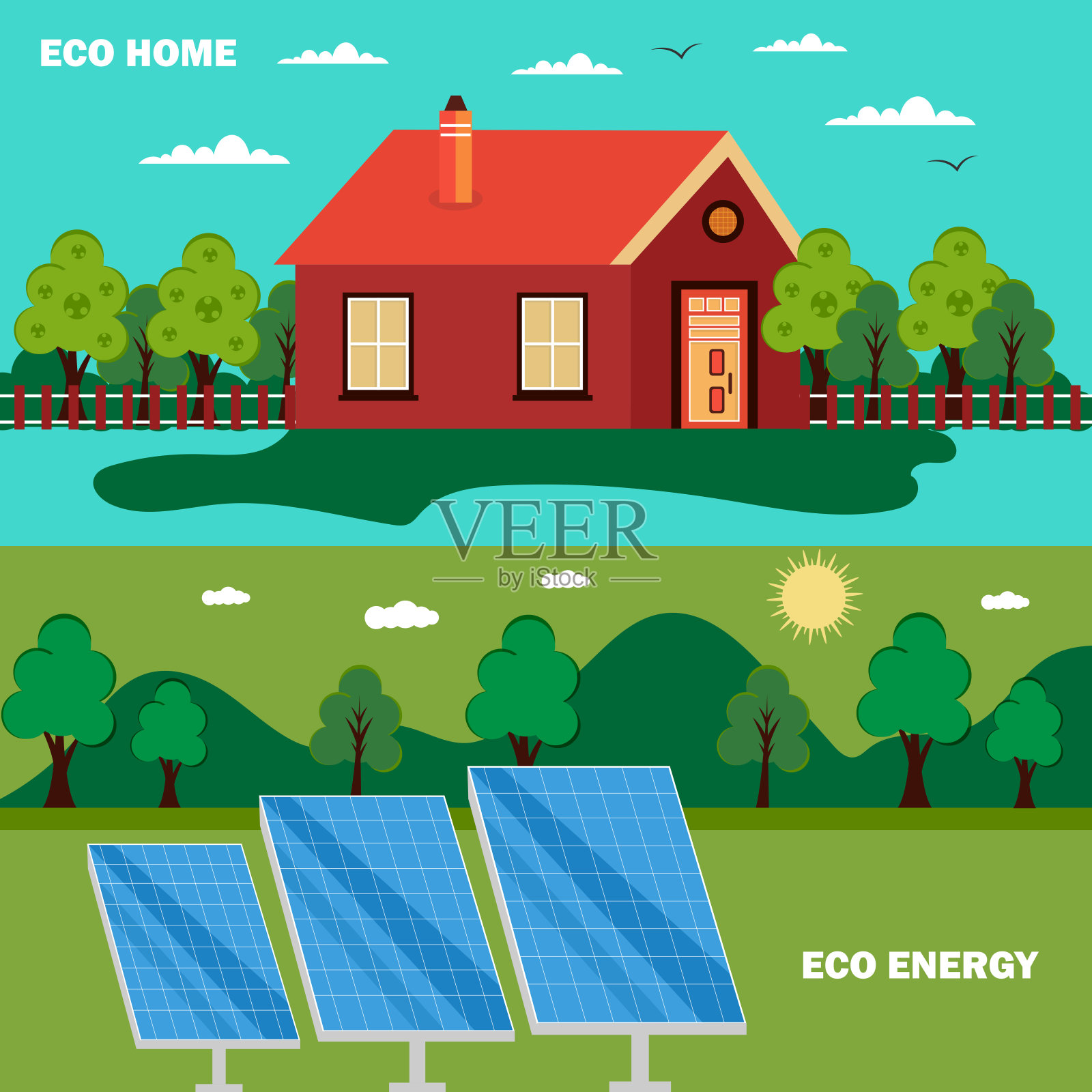 用太阳能电池板清洁现代房屋。环保替代能源插画图片素材