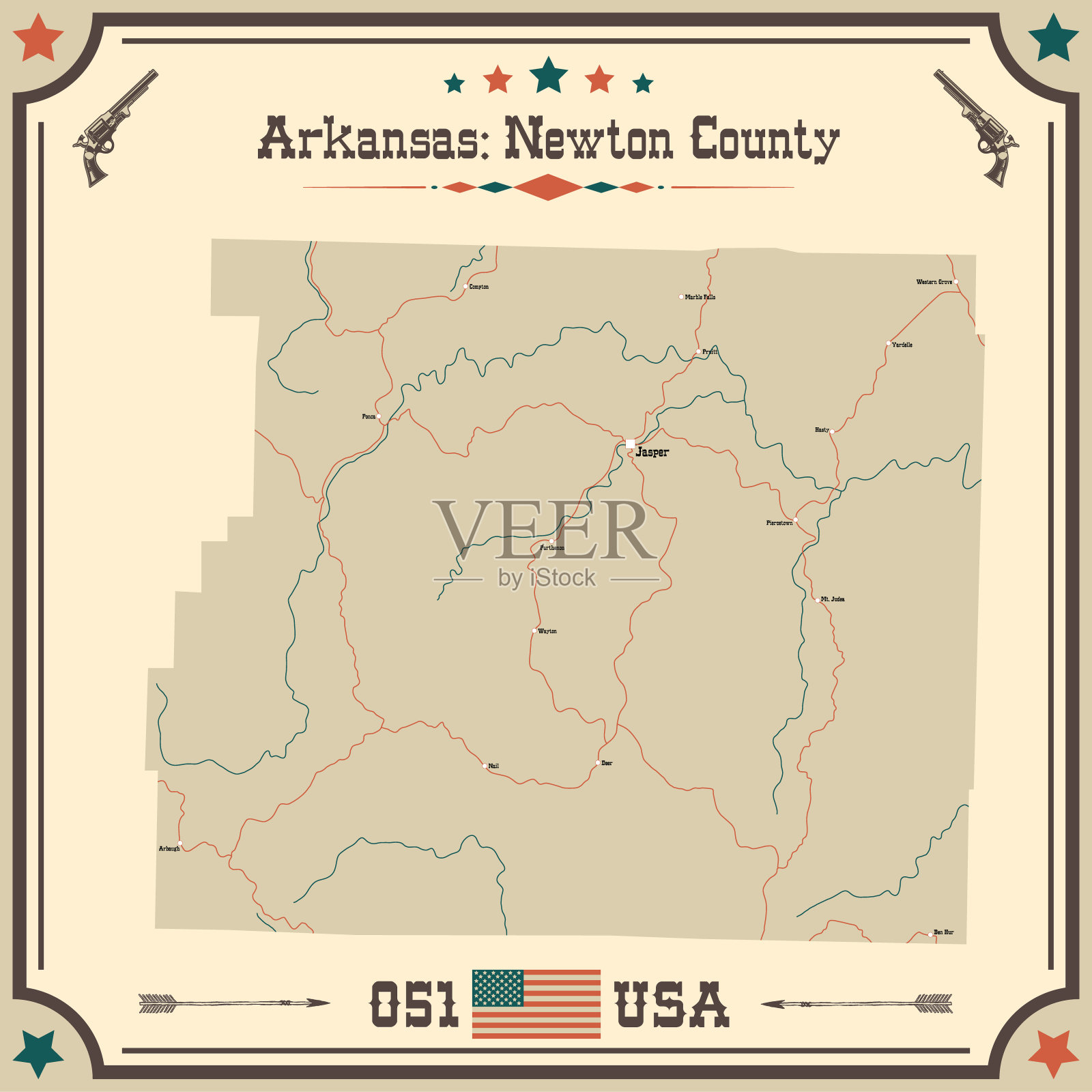 美国阿肯色州牛顿县的古地图。插画图片素材