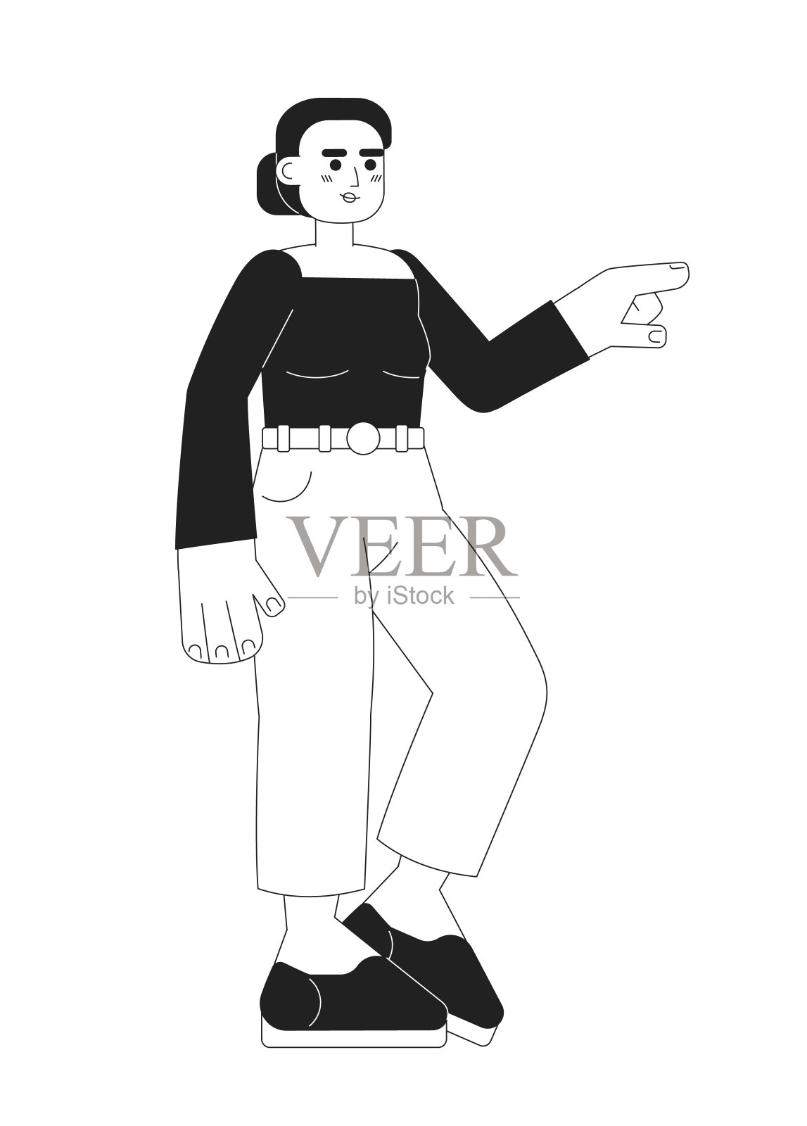 微笑的女人用食指指着单色平面矢量字符插画图片素材