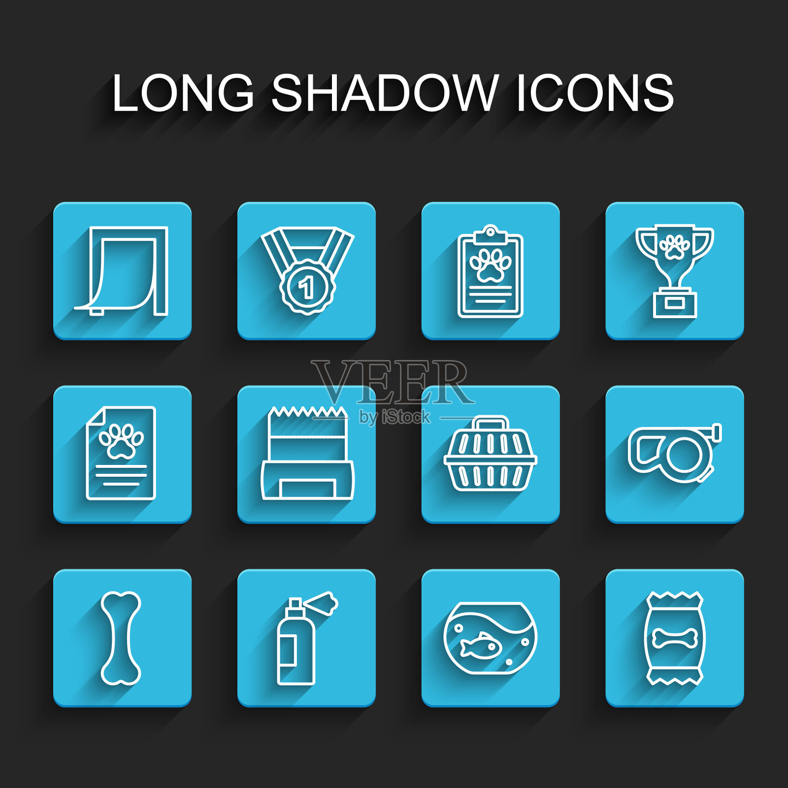 集线狗骨，宠物洗发水，门为宠物，水族馆与鱼，袋的食物，屎在袋，可伸缩绳带和手提箱图标。向量图标素材