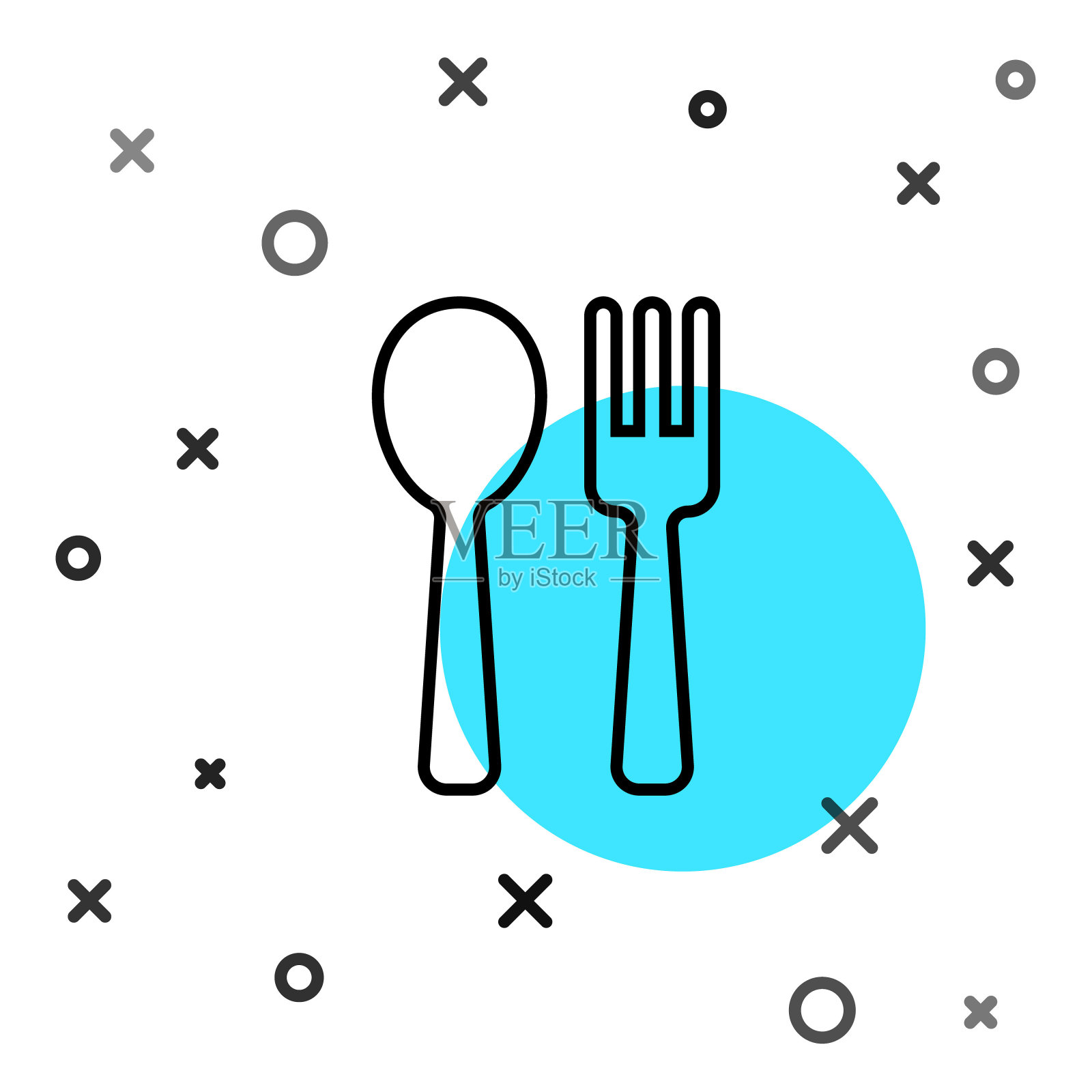 黑线叉和勺子图标隔离在白色背景。烹饪用具。餐具的迹象。随机动态形状。向量插画图片素材