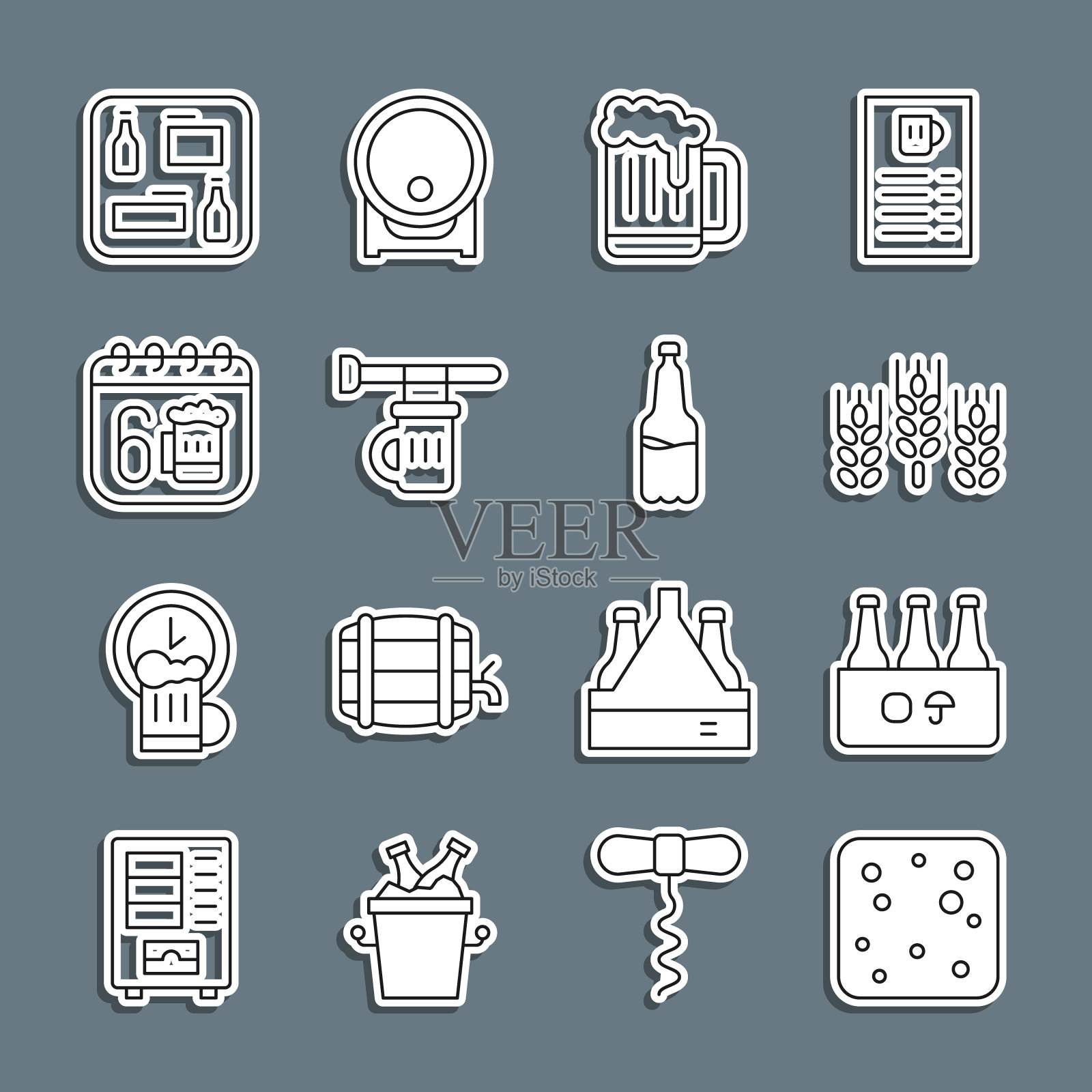 设置线啤酒泡沫，包装啤酒瓶，小麦，木制马克杯，招牌与玻璃，圣帕特里克节日历，菜单和塑料图标。向量图标素材