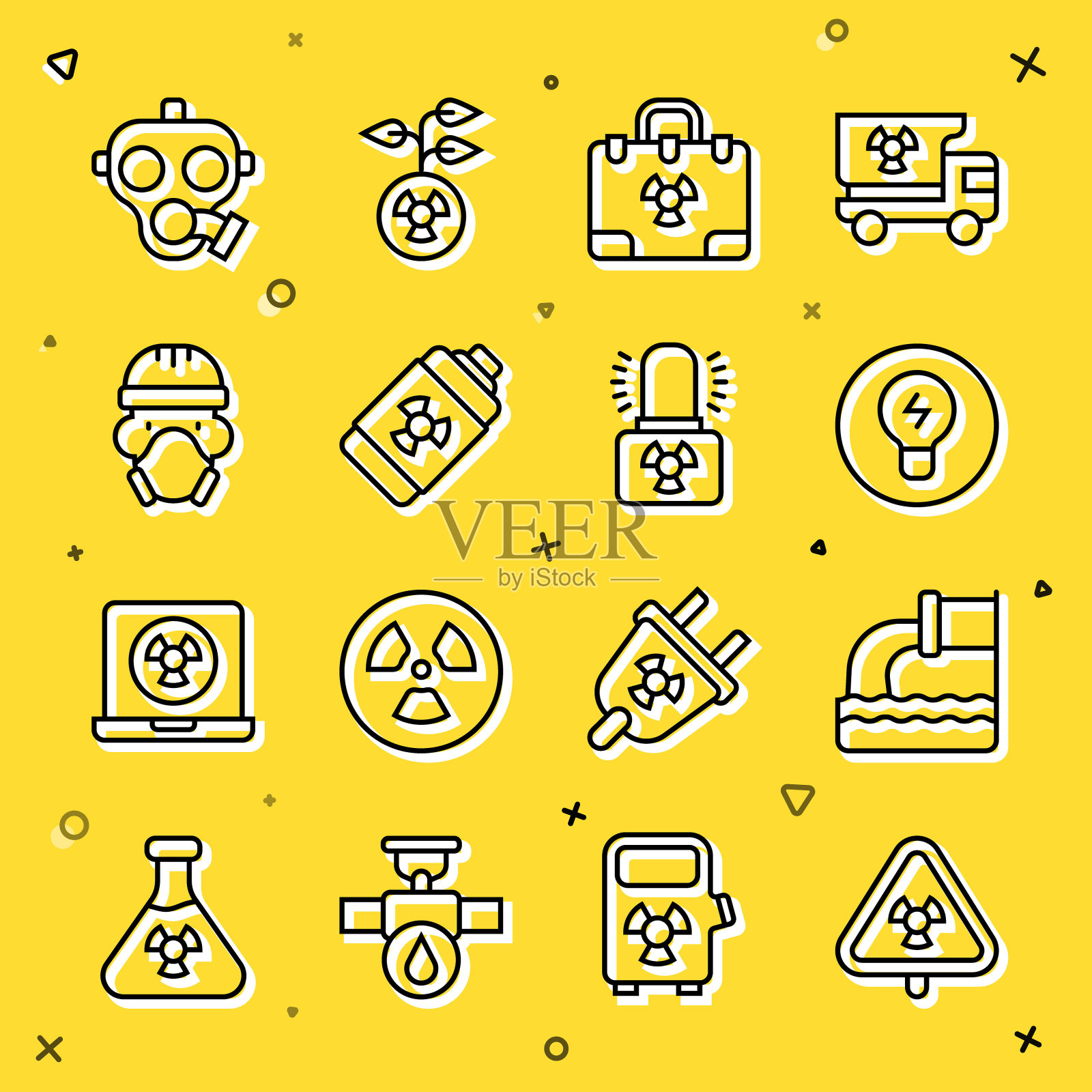 设置线三角辐射，废水，灯泡概念的想法，辐射核手提箱，核能电池，反应堆工人，防毒面具和放射性警告灯图标。向量插画图片素材