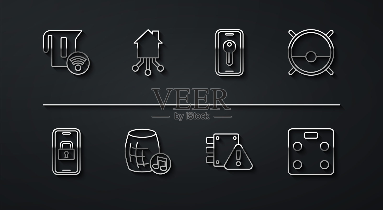 智能电水壶，数字门锁，机器人吸尘器，房屋保护，语音助手，家庭，浴室秤和钥匙图标。向量图标素材