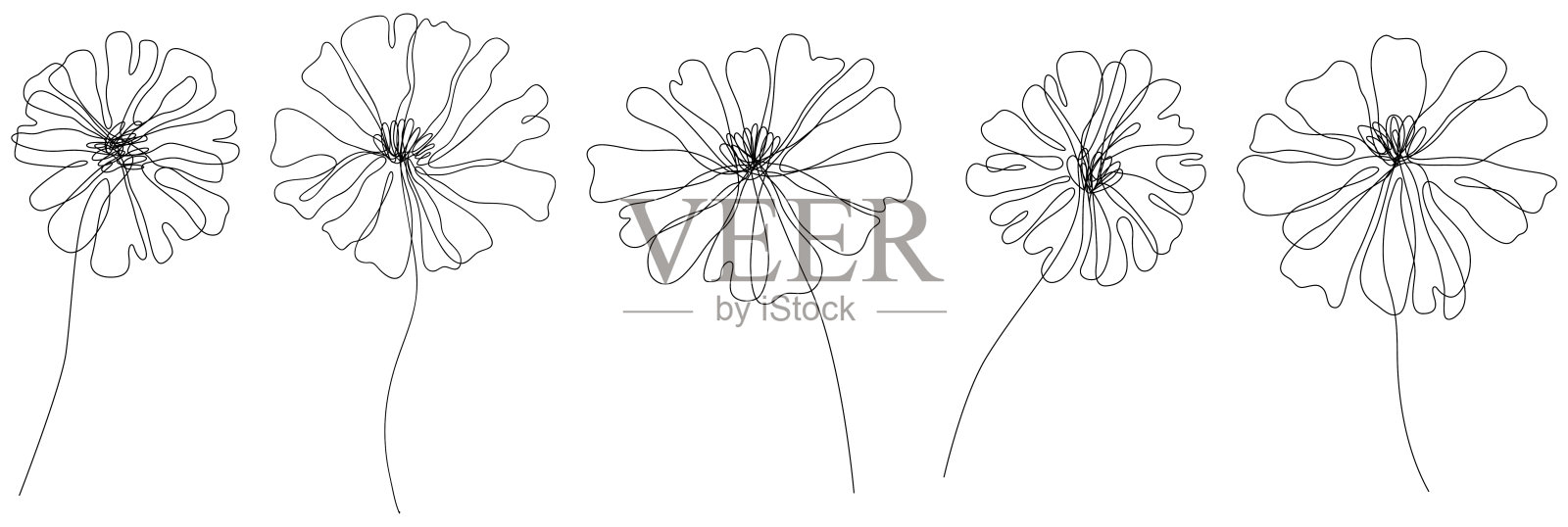 抽象花朵孤立插图。野花作背景。植物的艺术。简单的极简主义艺术设置。连续线条绘制。插画图片素材