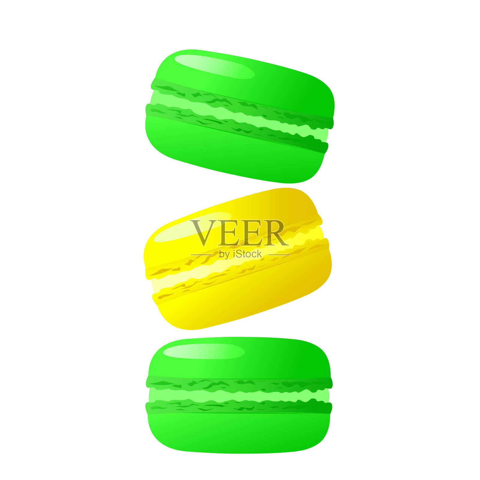 黄色和绿色的马卡龙。梯度马卡龙。非常详细的甜点，马卡龙，糖果，菜单设计，餐厅店。矢量传统的法国饼干在卡通风格。矢量图插画图片素材